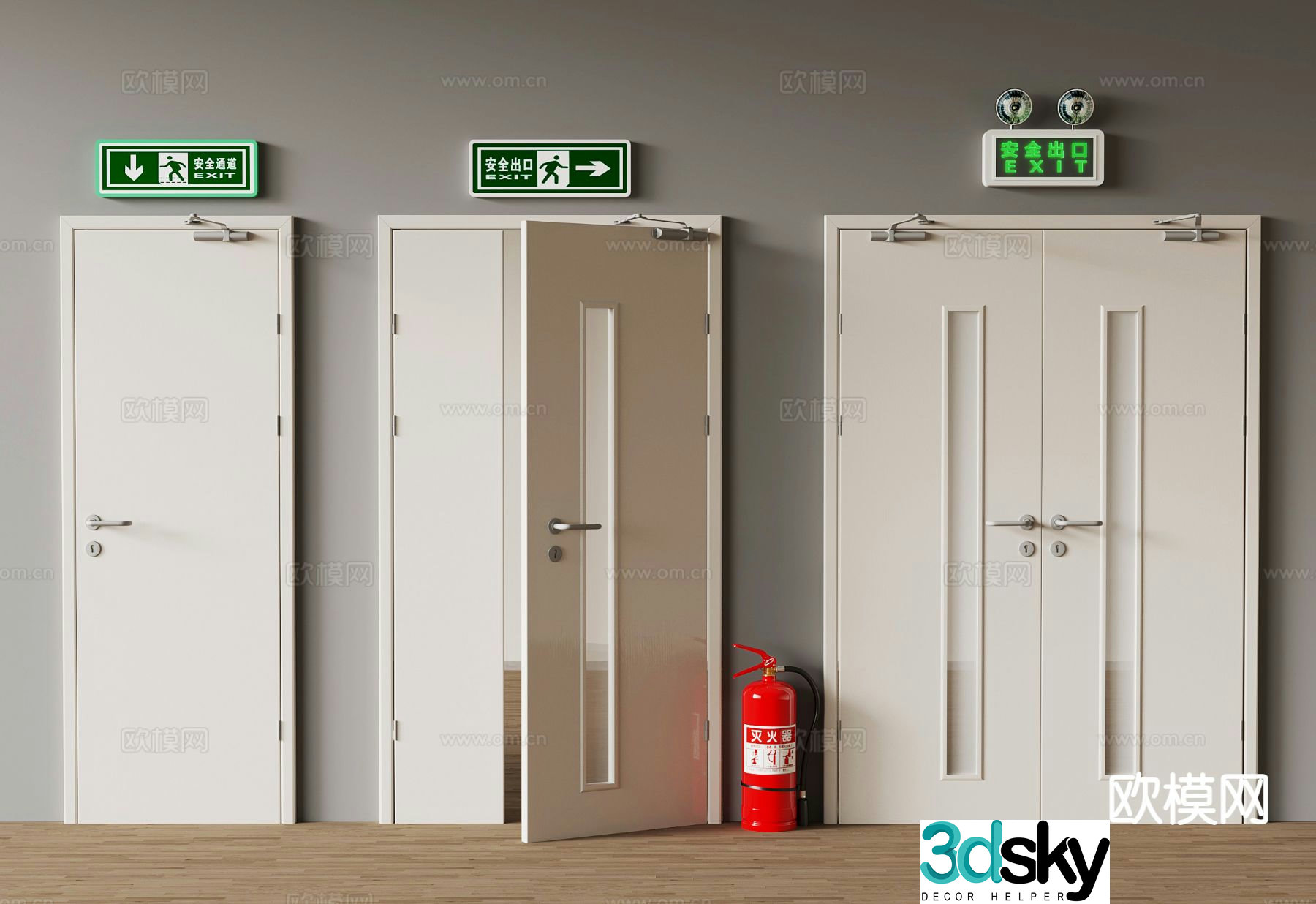 Modern fire door fire extinguisher safety exit 3d model