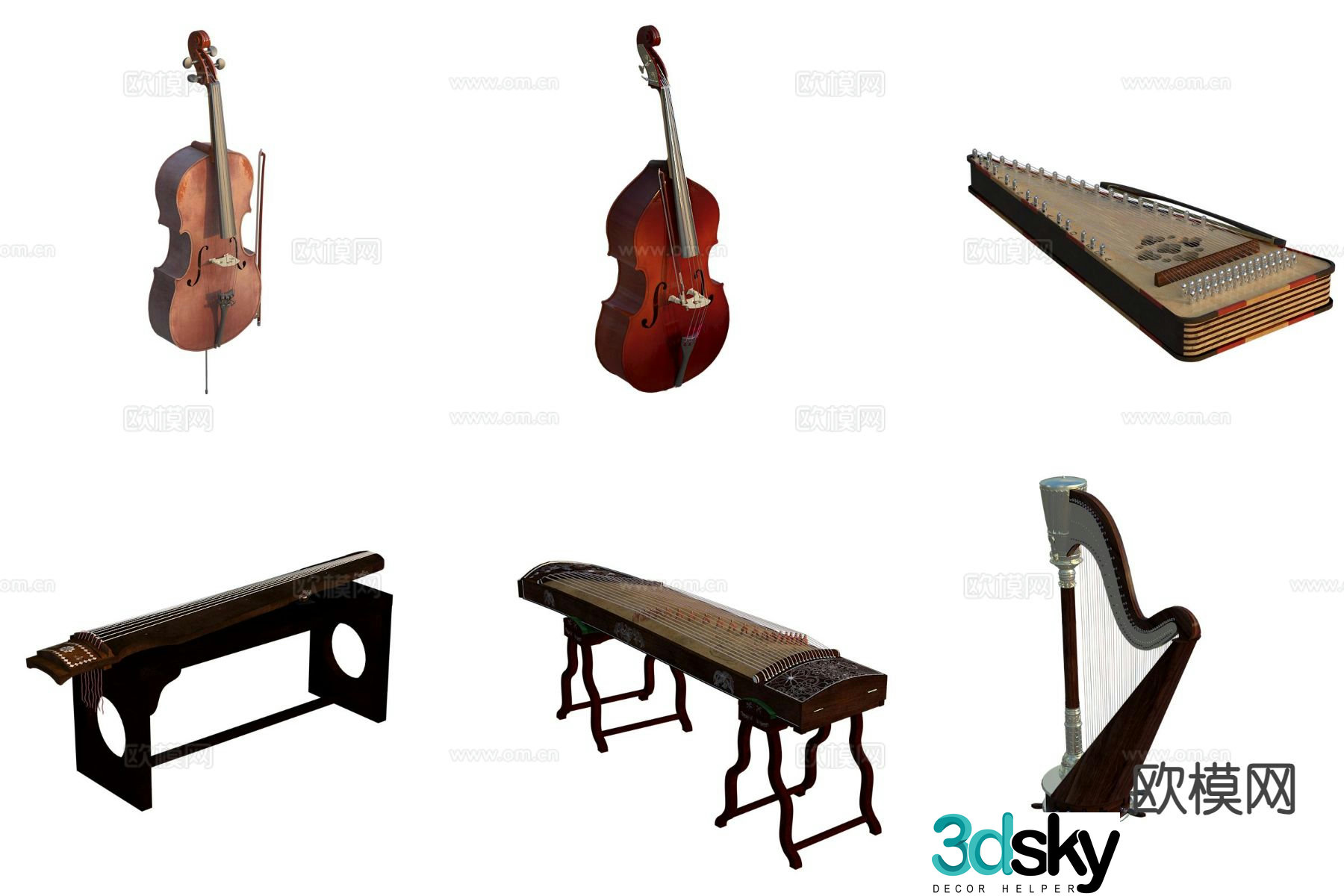 Chinese musical instruments violin guzheng harp 3d model