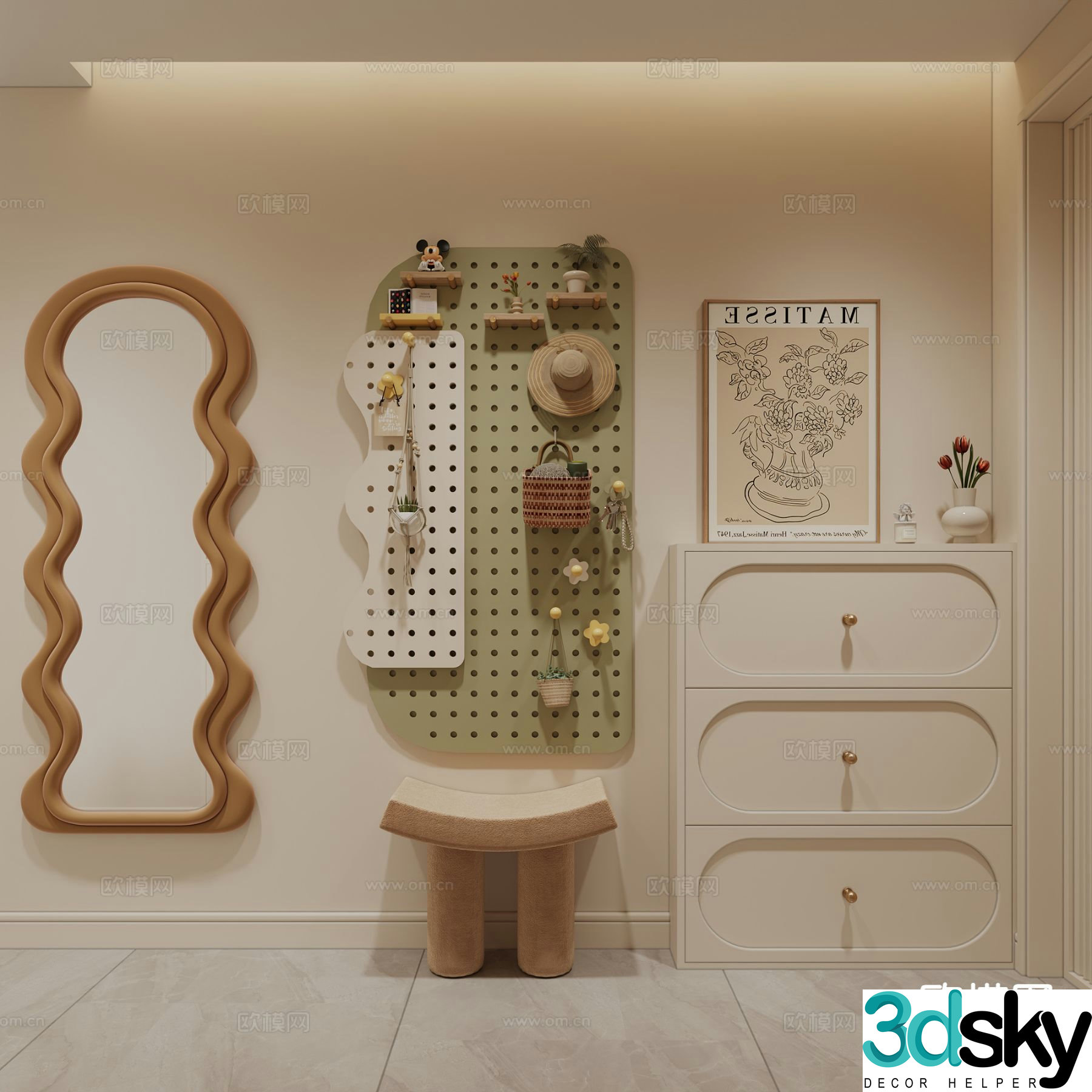 Cream style entryway shoe cabinet 3D model