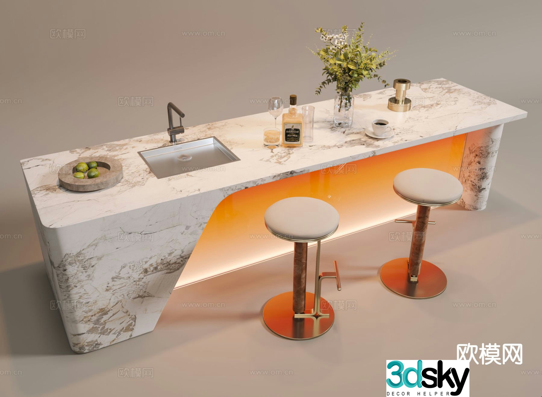 Marble bar counter bar chair island table 3D model