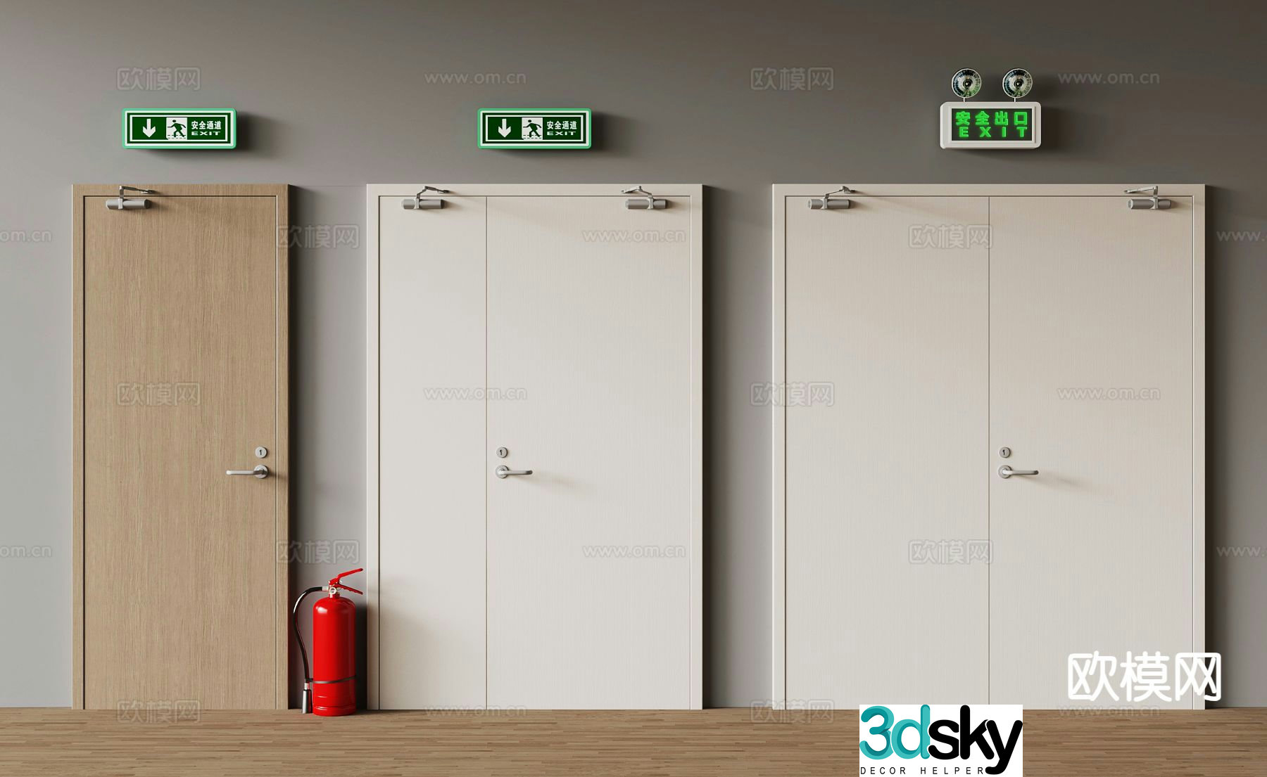 Modern fire door fire extinguisher safety exit 3d model