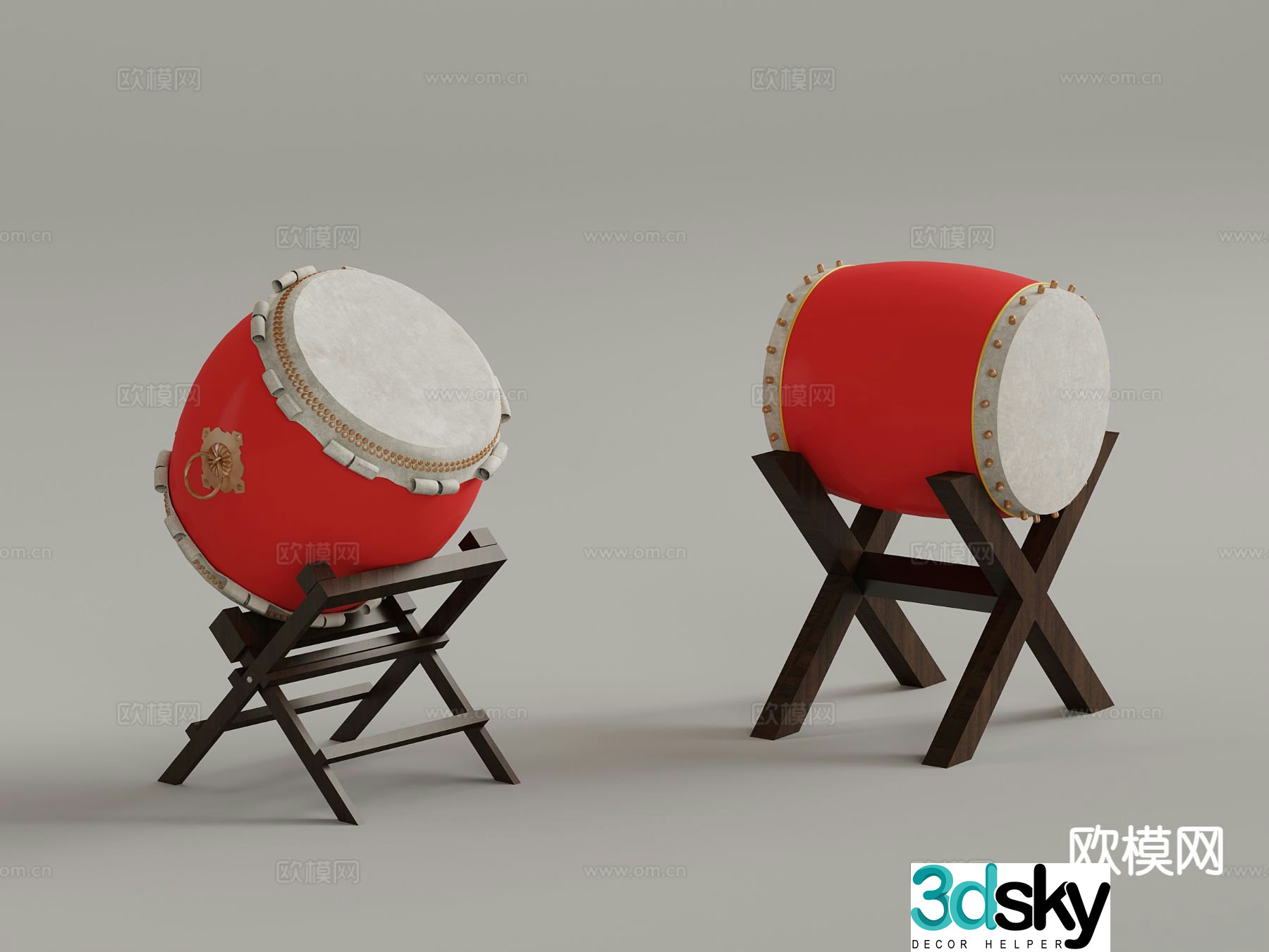 Percussion instrument wooden drum bass drum gong and drum 3d model