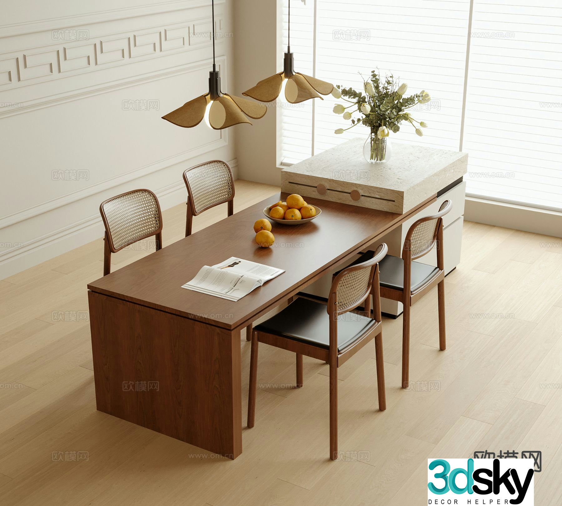 Medieval style island dining table and chairs 3D model