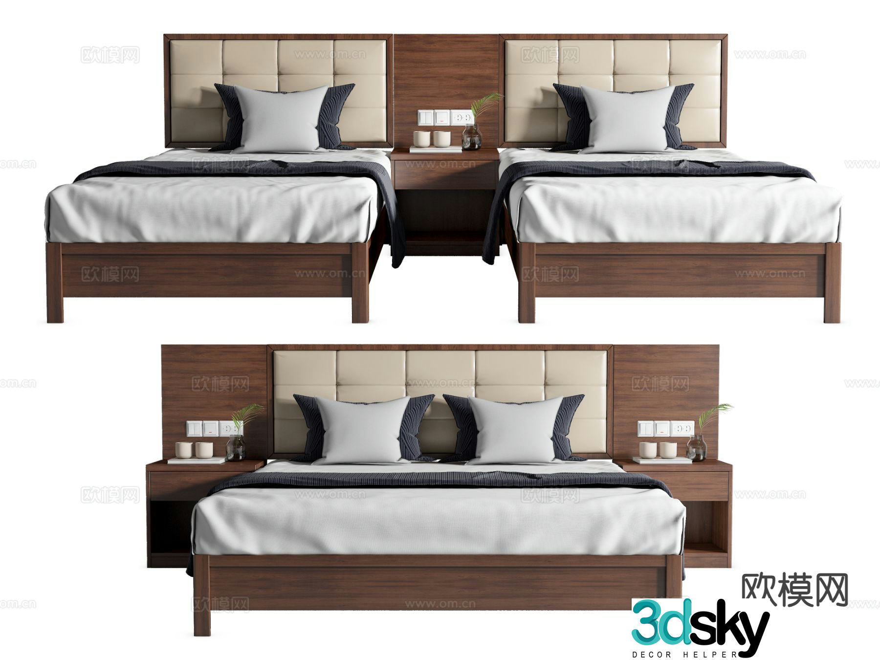 Modern hotel bed twin bed conjoined bed double bed 3d model