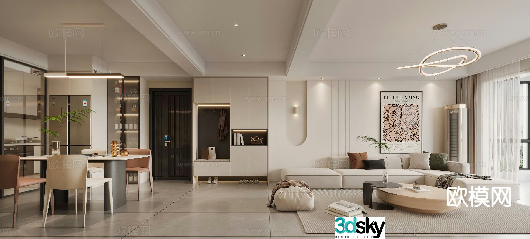 Modern living and dining room 3d model
