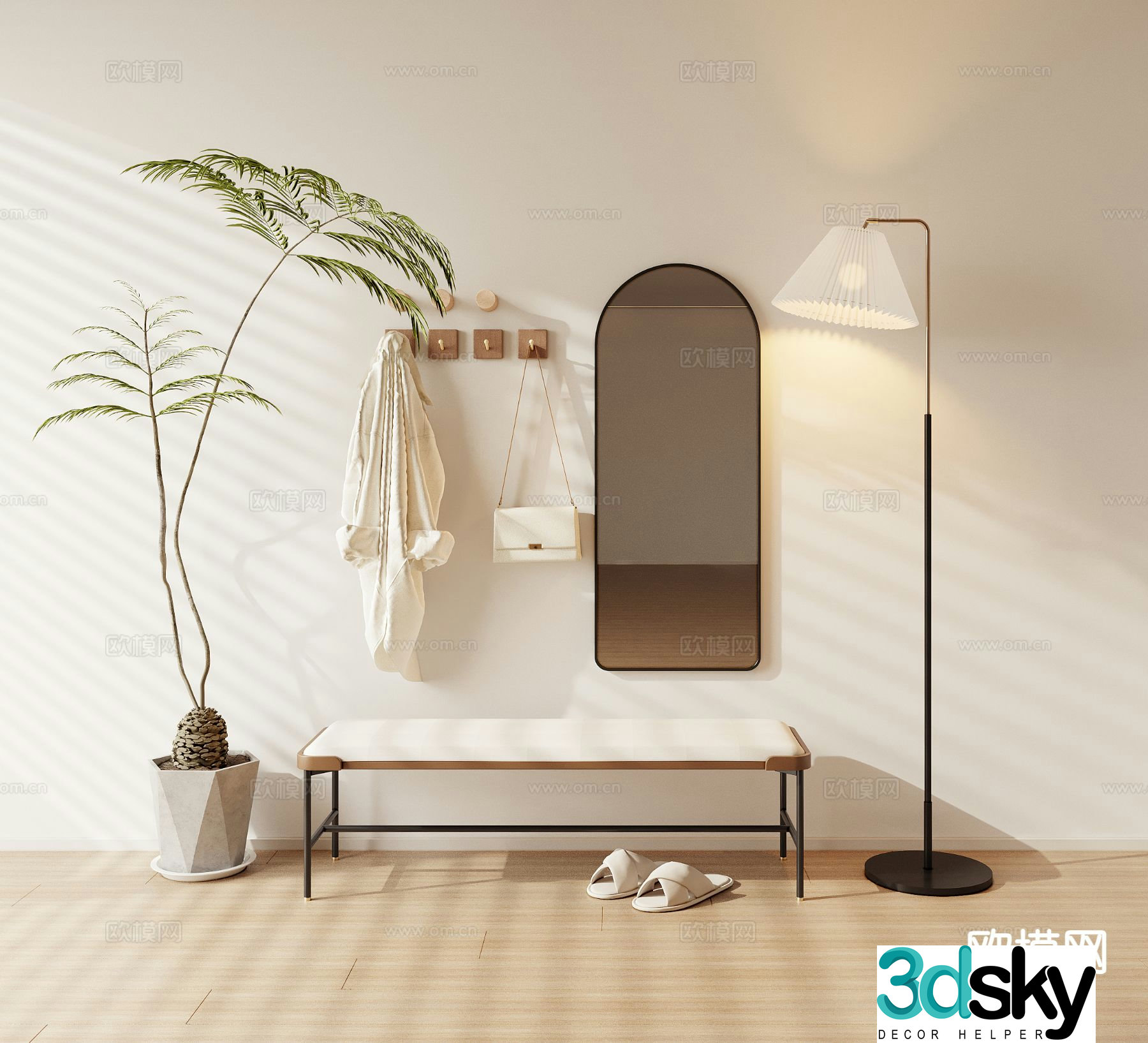 Entrance shoe changing stool full-length mirror clothes rail floor lamp 3D model