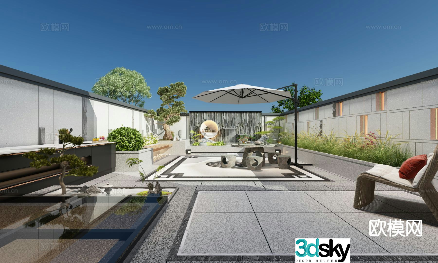 New Chinese style villa courtyard back garden 3D model