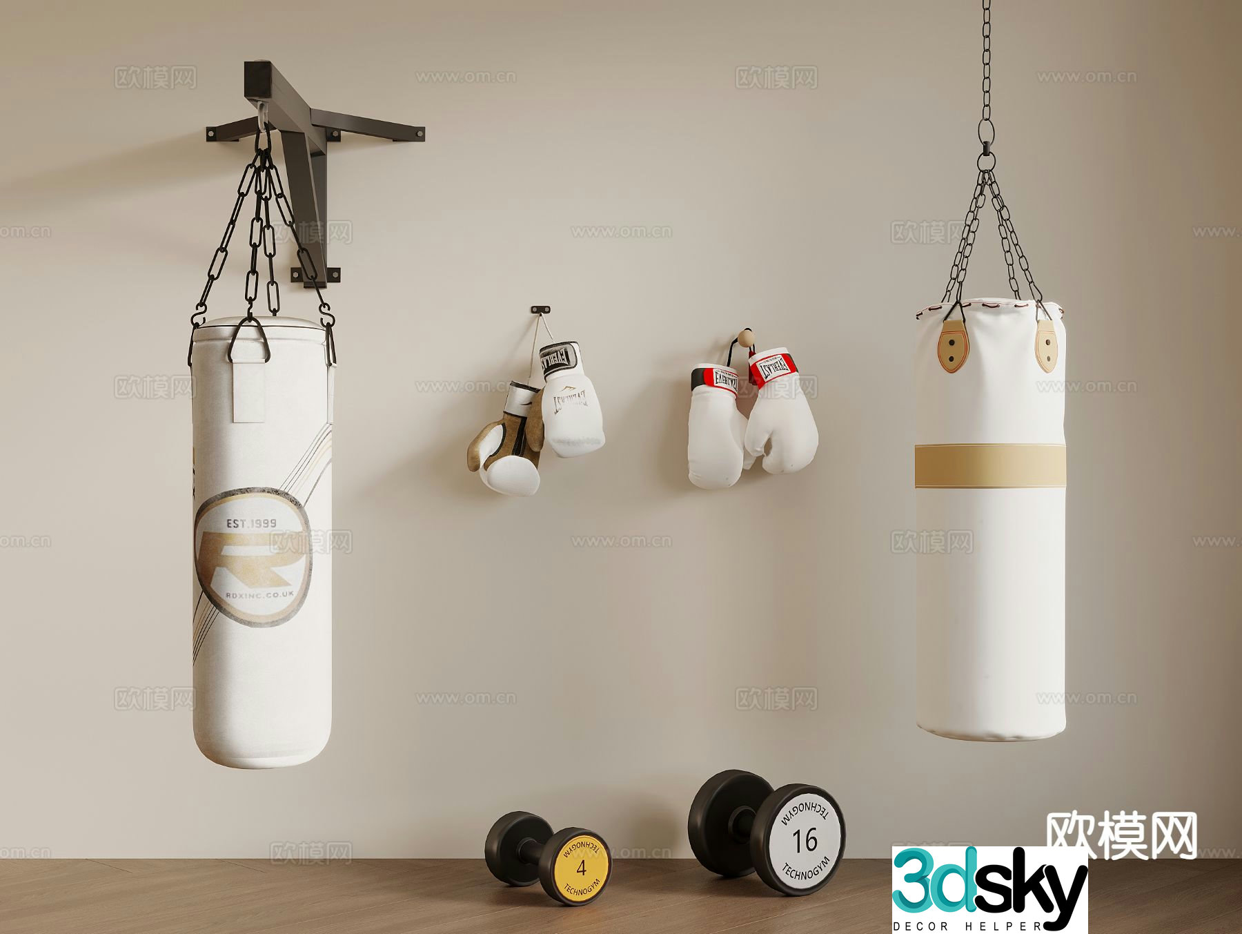 Modern sports equipment sandbags fist gloves dumbbell 3d model