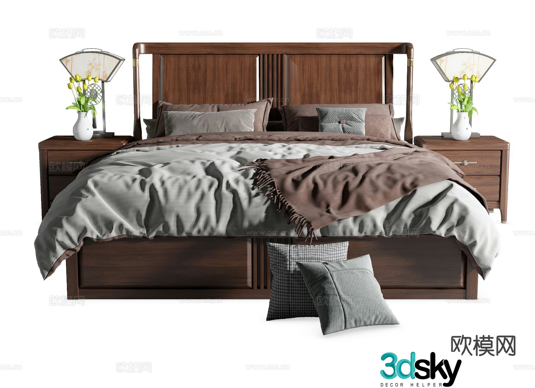 New Chinese solid wood bed double bed large bed 3d model