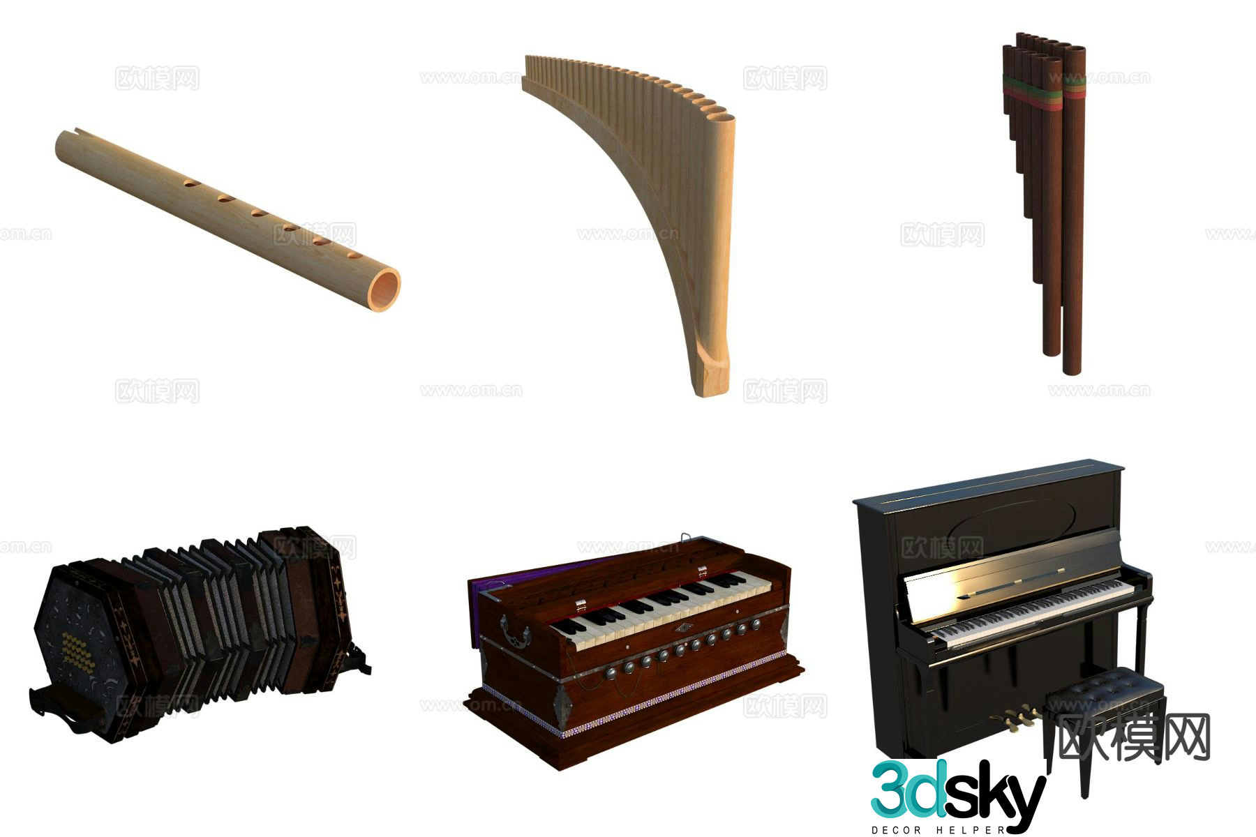Classical musical instruments recorder piano 3d model