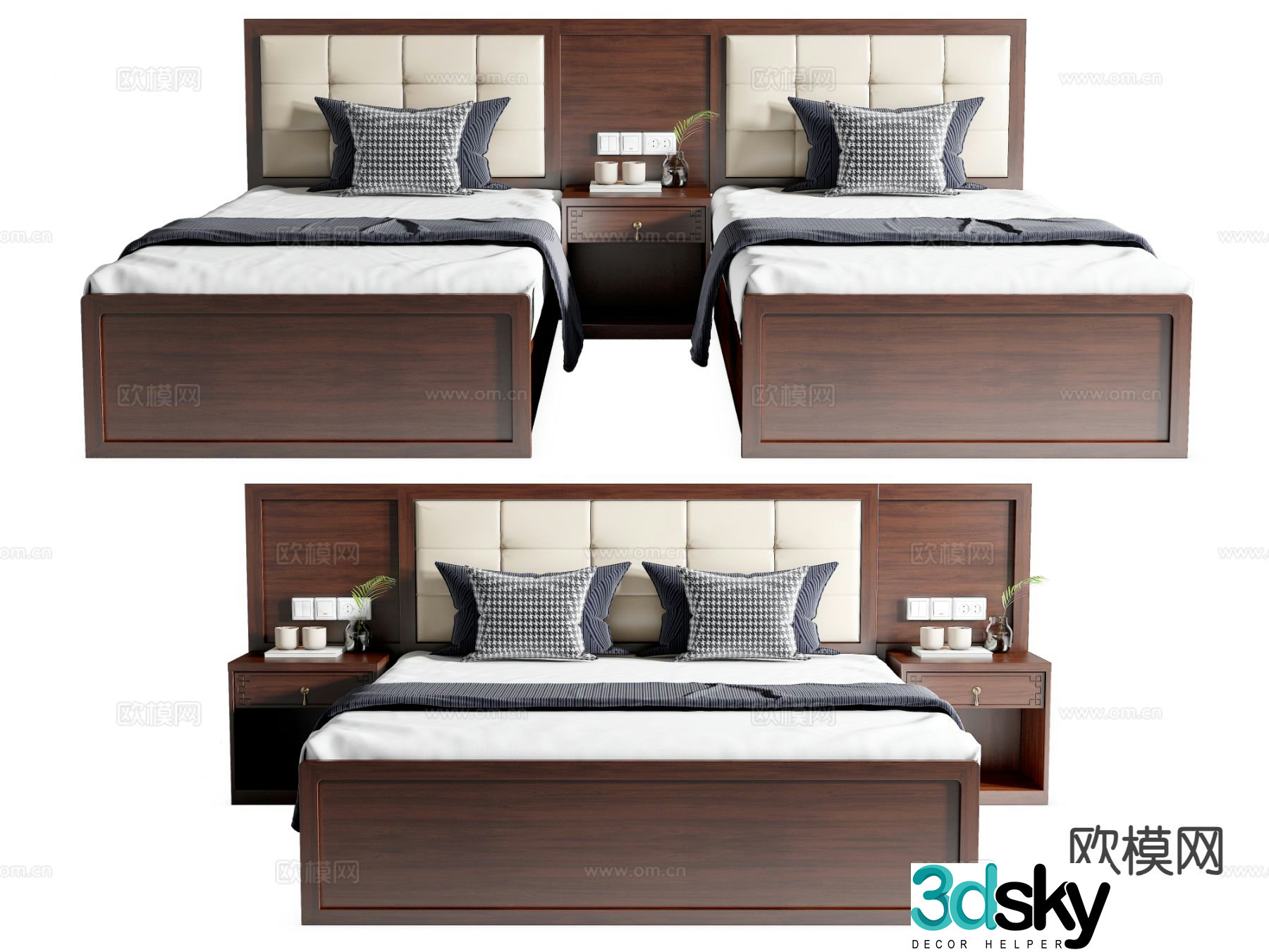 New Chinese style hotel bed twin bed conjoined bed double bed 3d model
