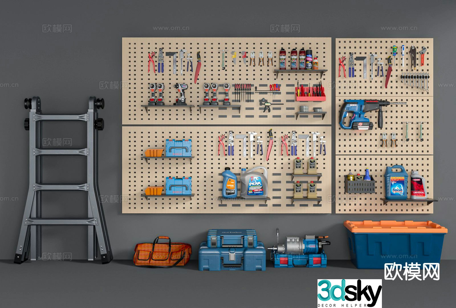 Tool wall, perforated board, ladder 3d model