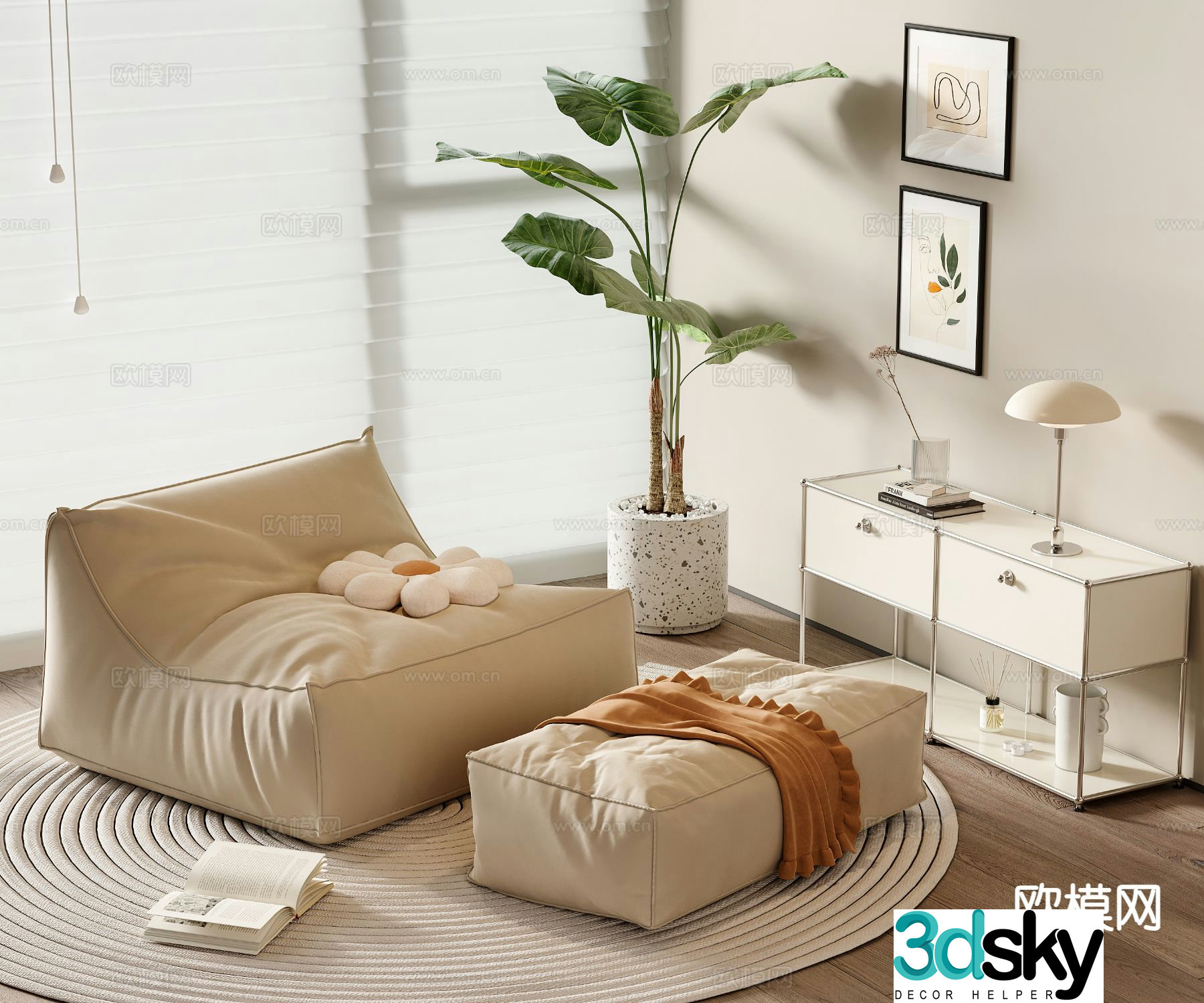 Cream style lazy sofa 3d model