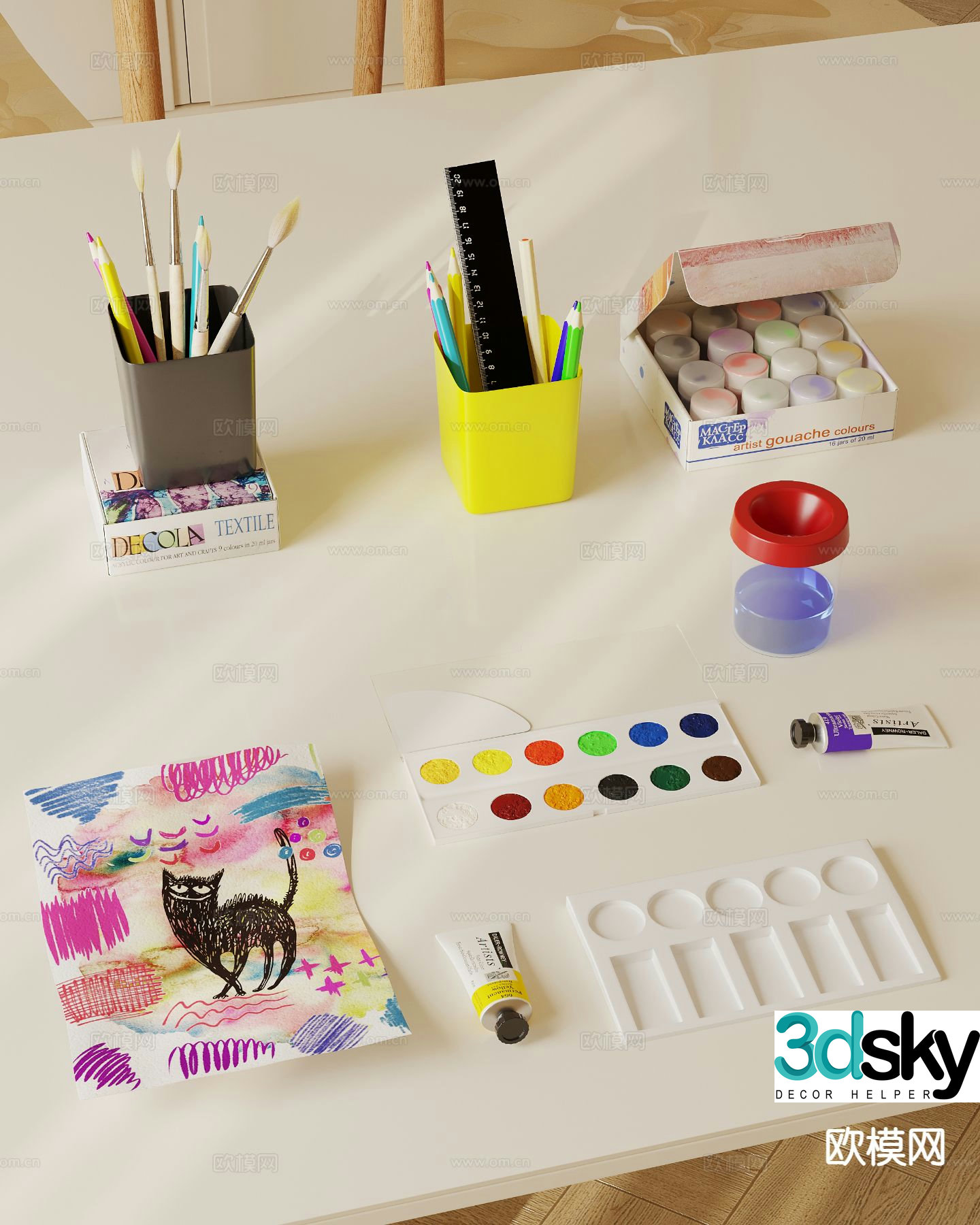 Children's stationery, children's colored pencils, art supplies, brushes, picture books, paint 3D model