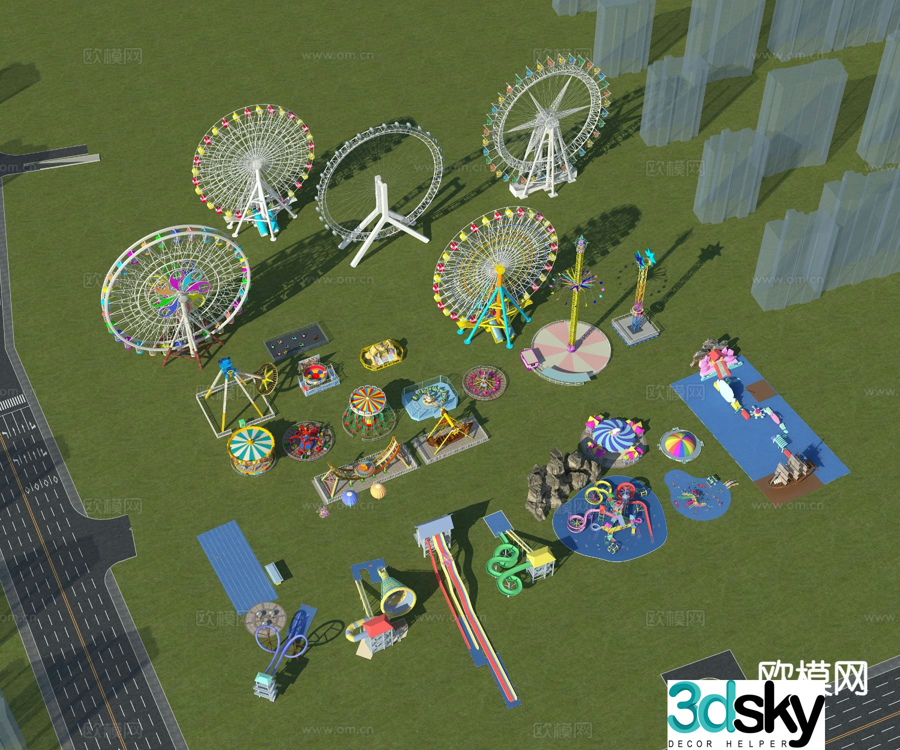 ferris wheel pirate ship rides water park facilities 3d model
