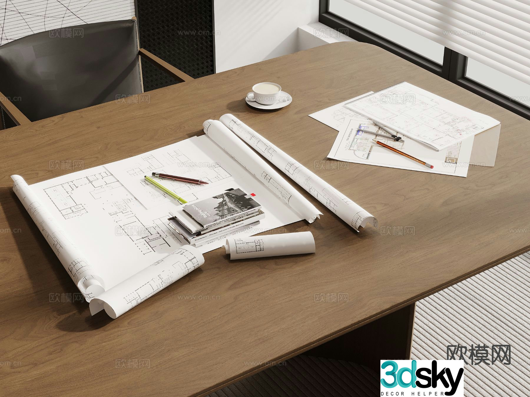 office supplies architectural drawings pencil 3d model