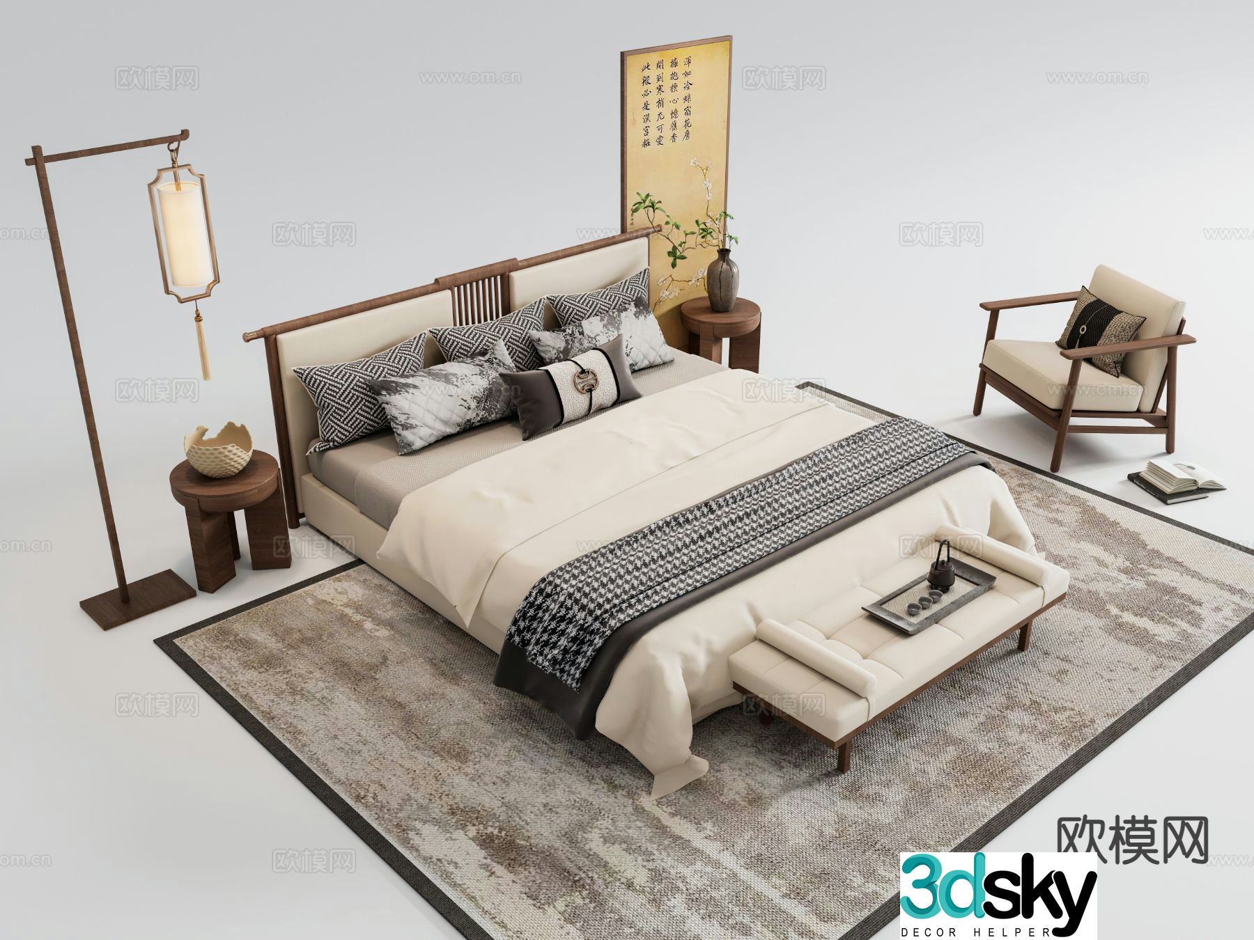New Chinese style double bed 3d model