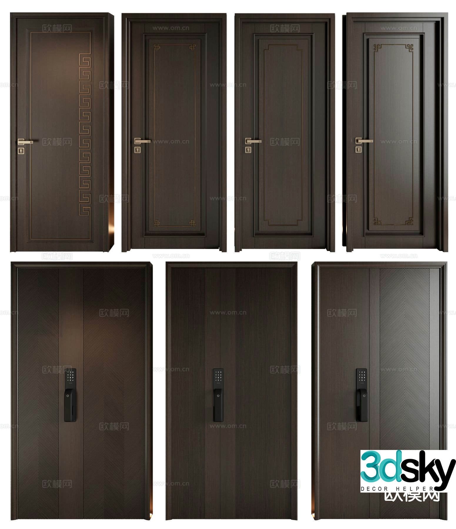 New Chinese style door wooden door single-open door entrance door password door 3d model