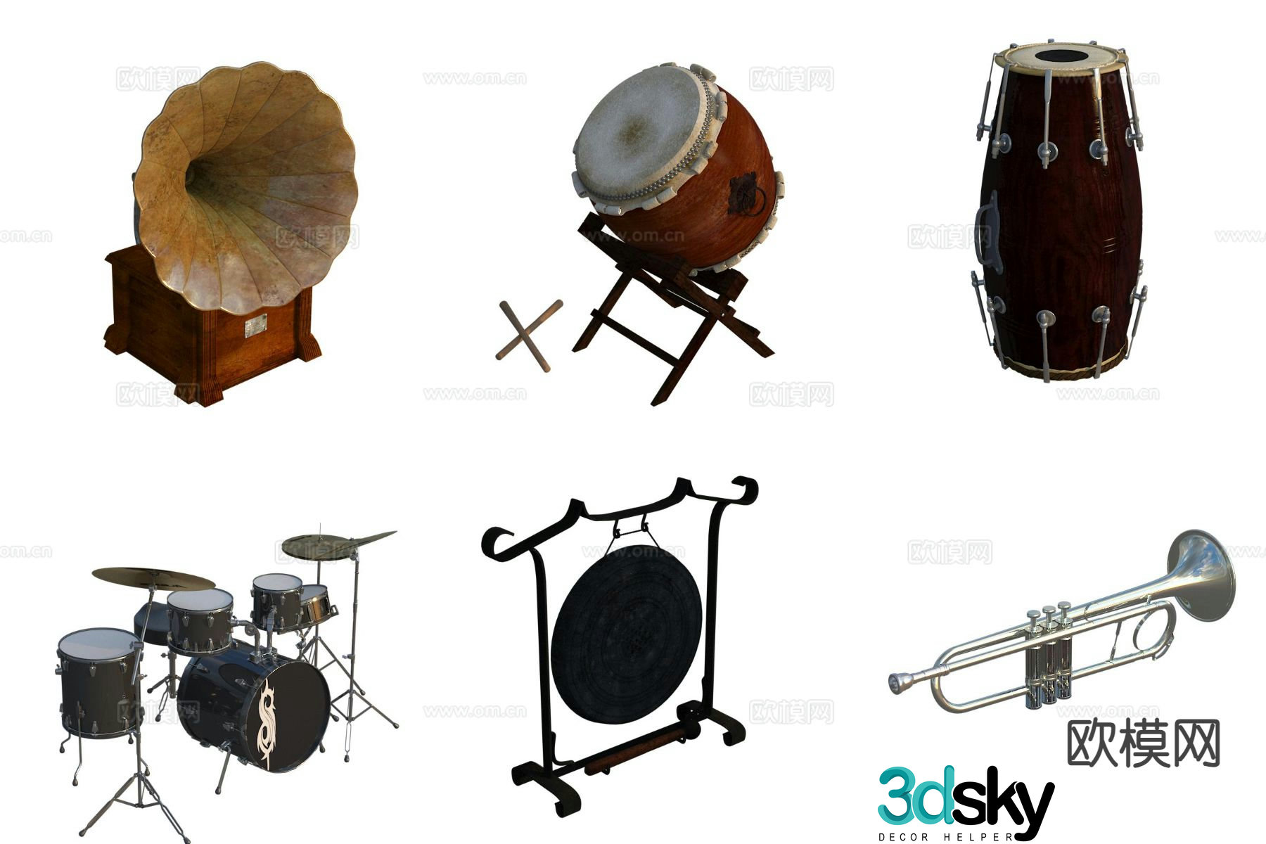 musical instrument drum set bass drum gramophone trumpet 3d model