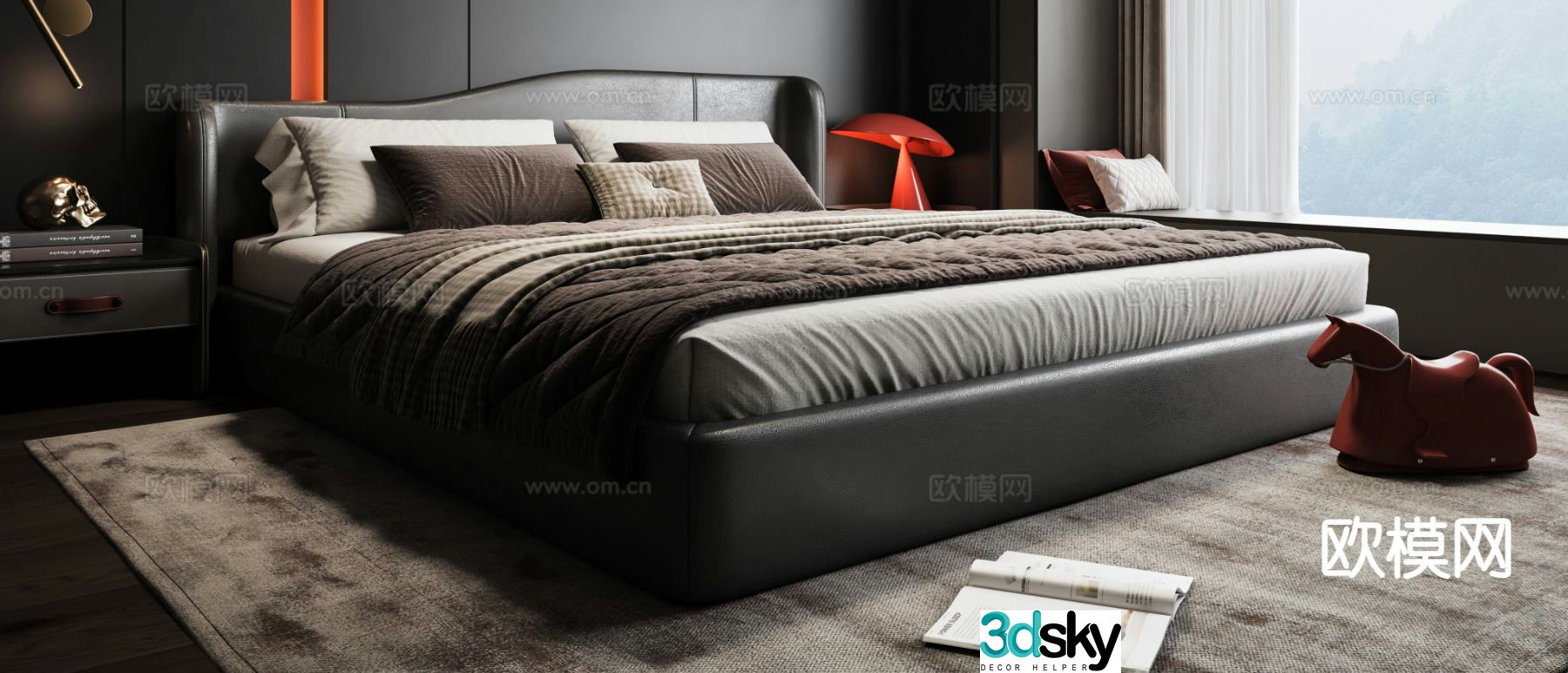 Dark style double bed 3d model