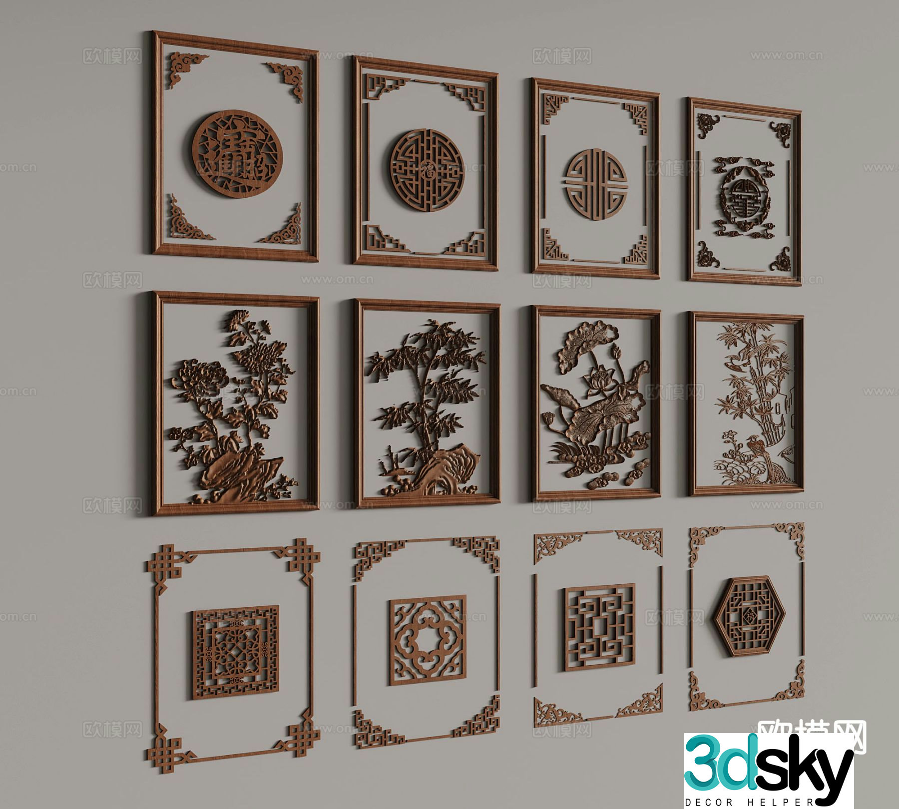 New Chinese style carving corner flower lattice 3D model