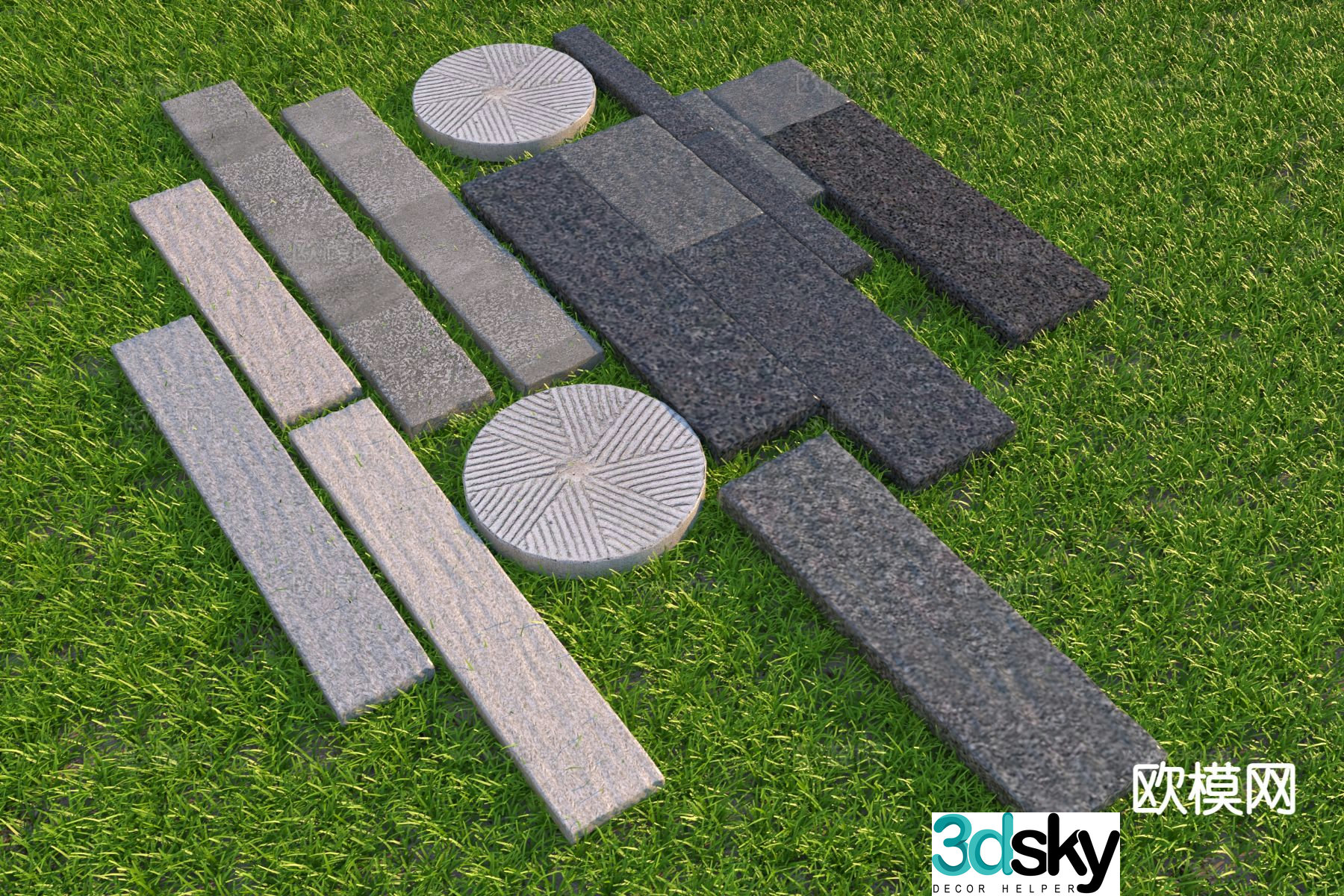 New Chinese style thick stone slab Tingbu garden road paving 3D model