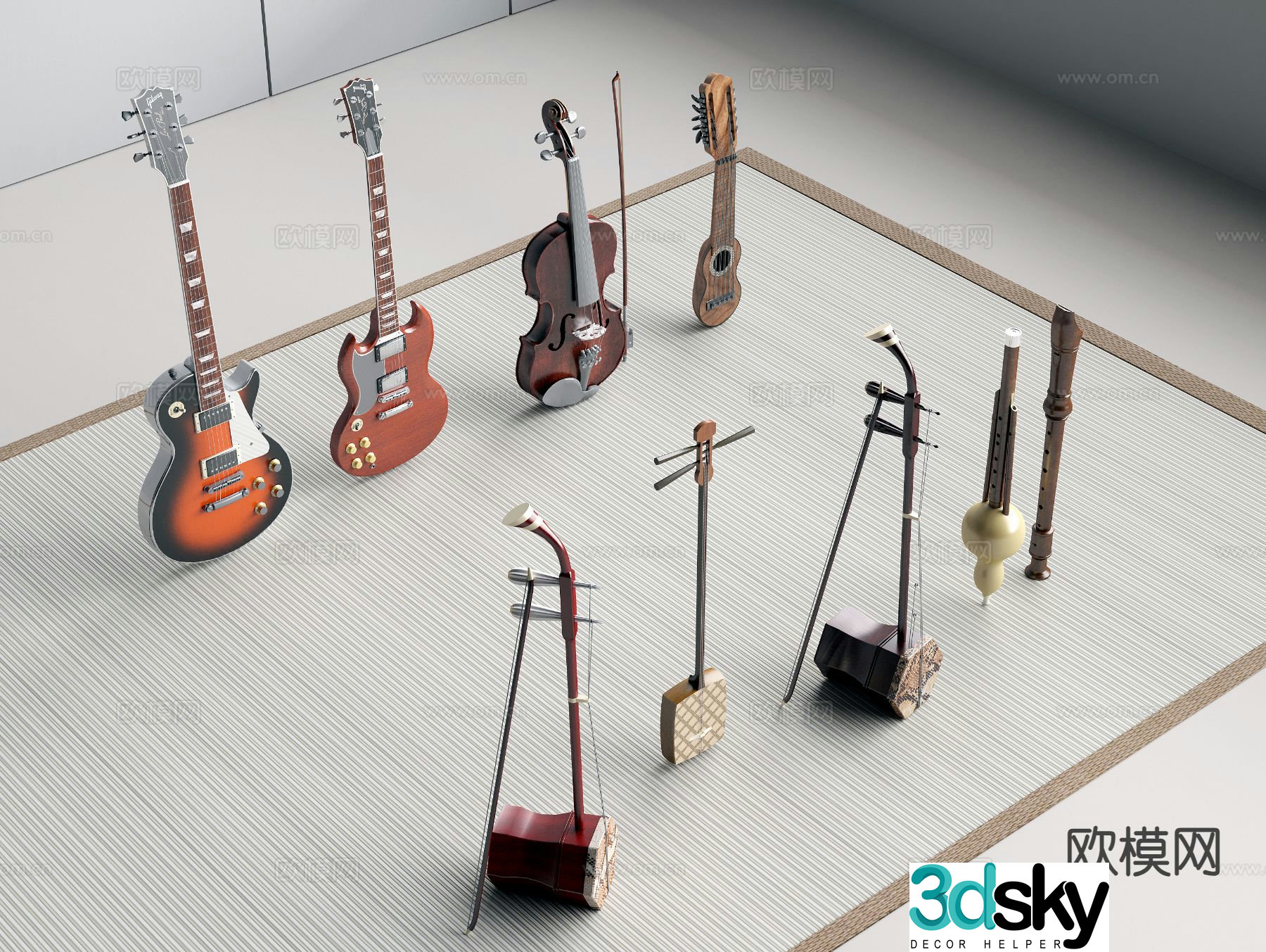 Traditional musical instruments guitar violin pipa erhu cucurbit 3d model
