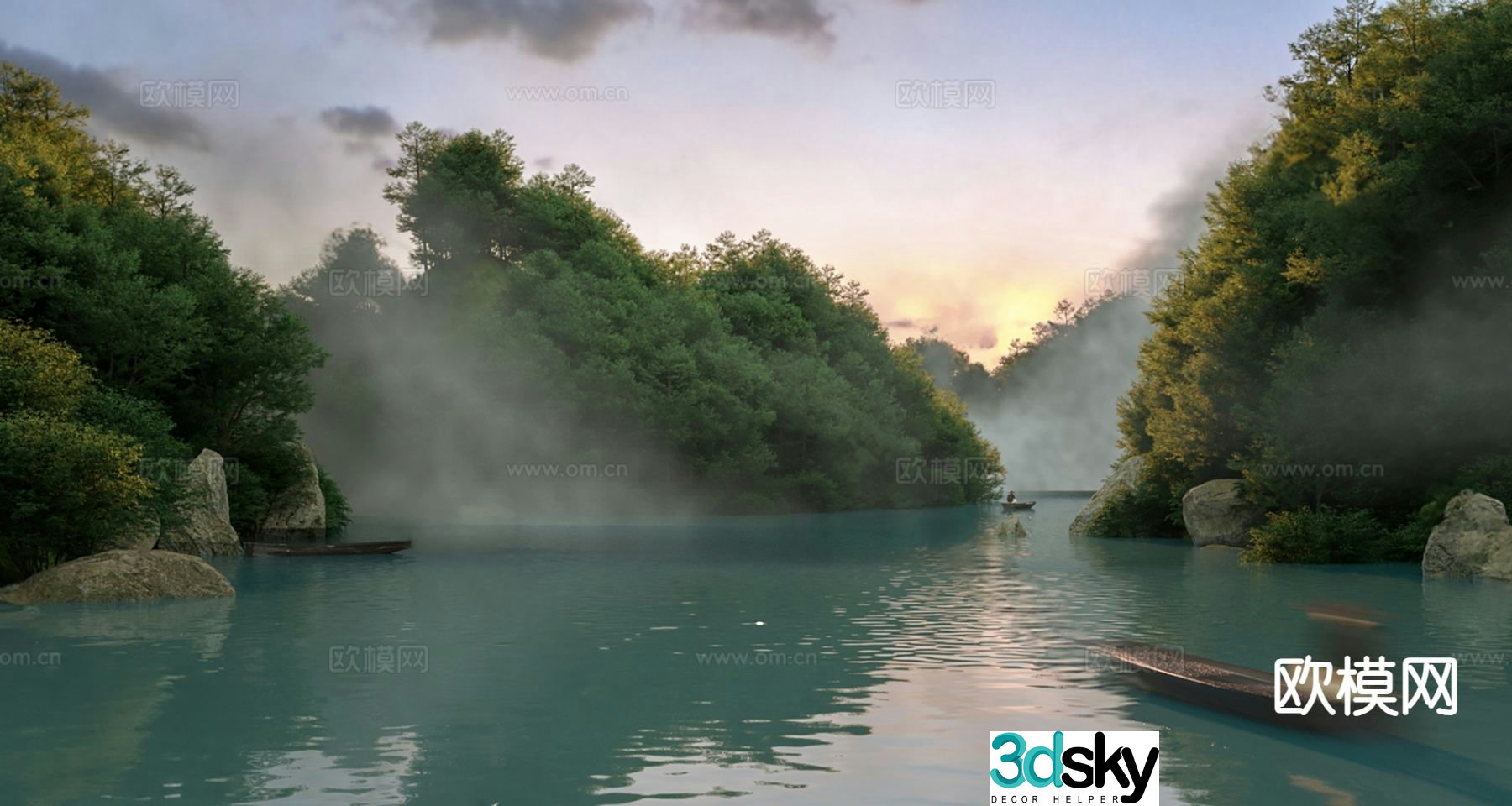Modern waterfront landscape foggy scene 3d model