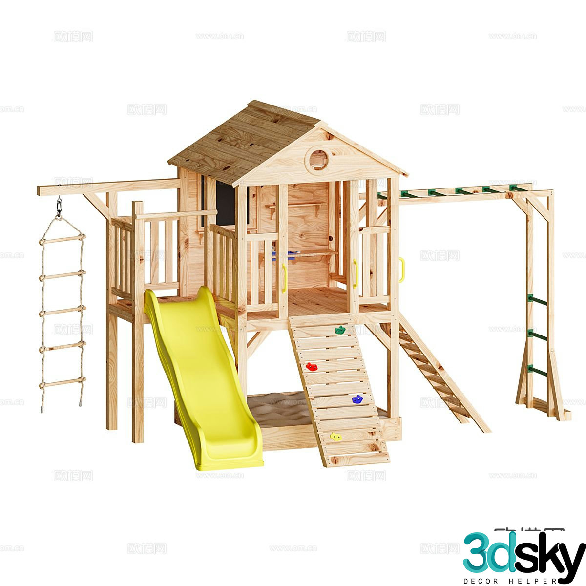 Modern children's wooden house, slide, amusement facilities 3D model