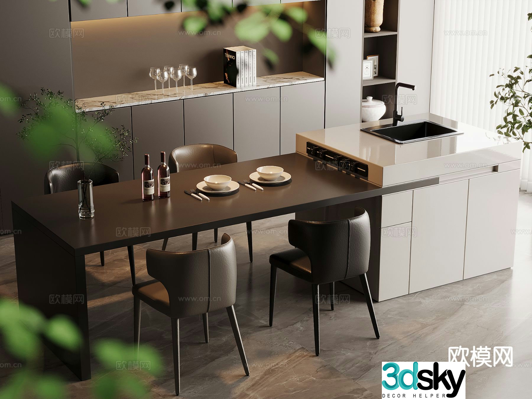 Modern island dining table and chairs 3d model