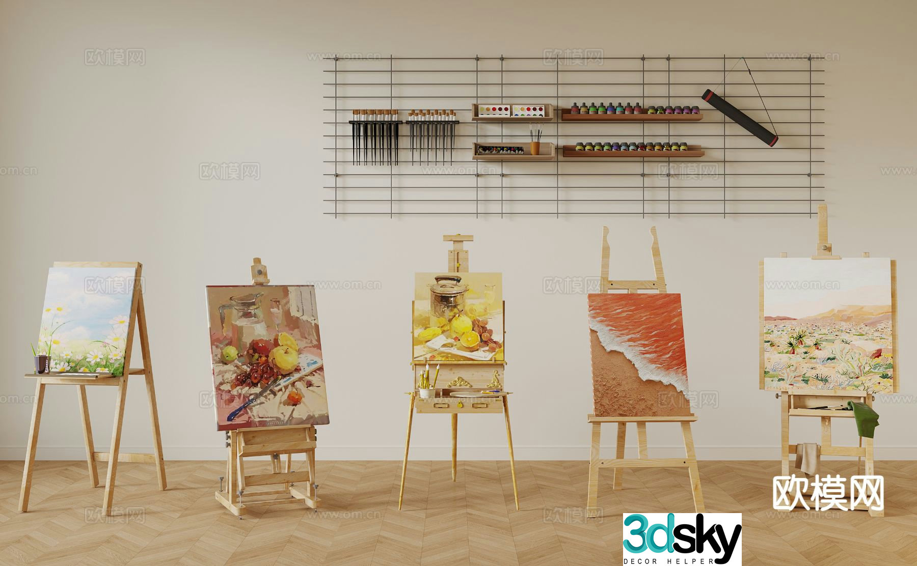 Wabi-Sabi Feng Watercolor Oil Painting Studio Easel 3D Model