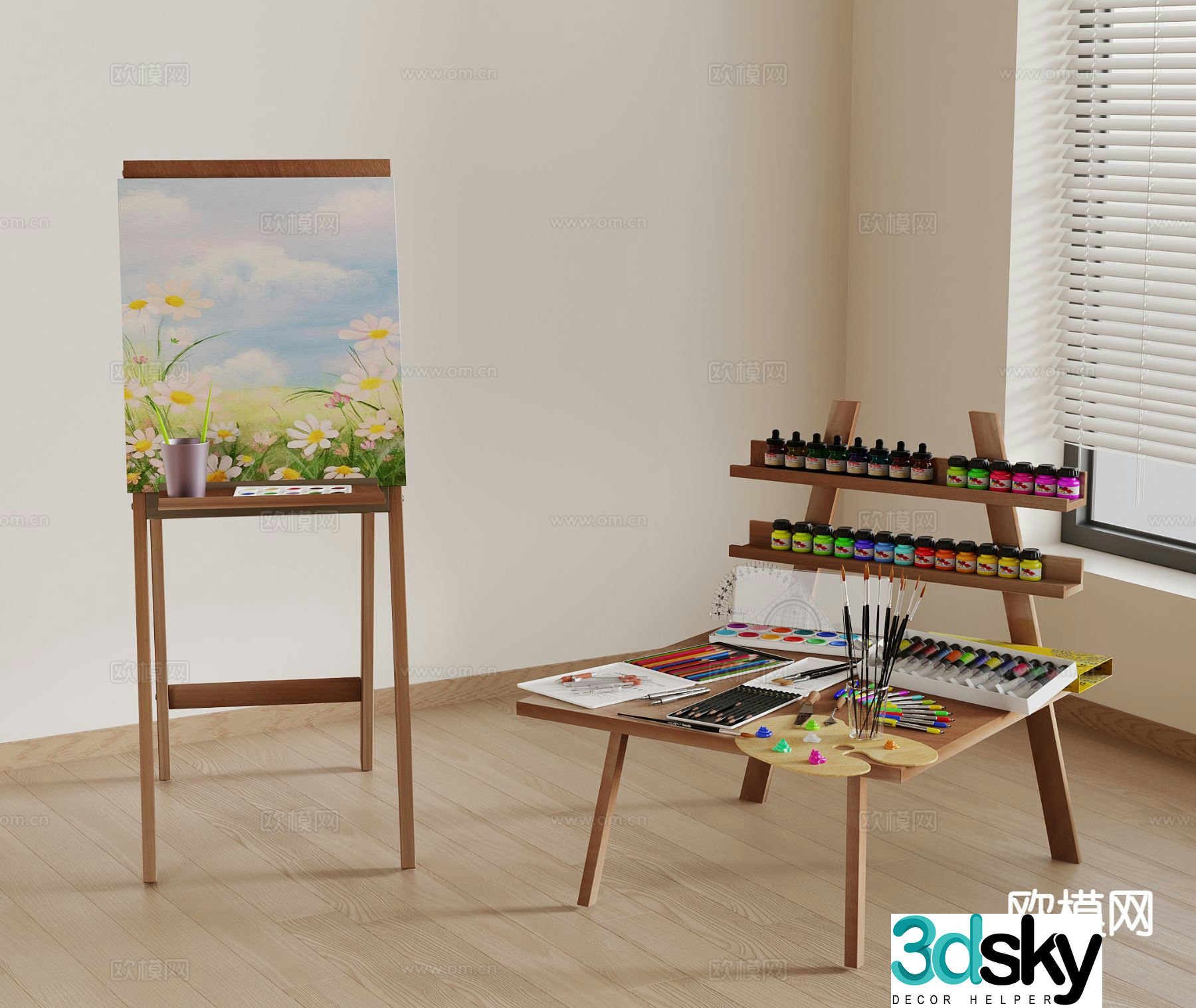 Modern art supplies brushes paint 3d model