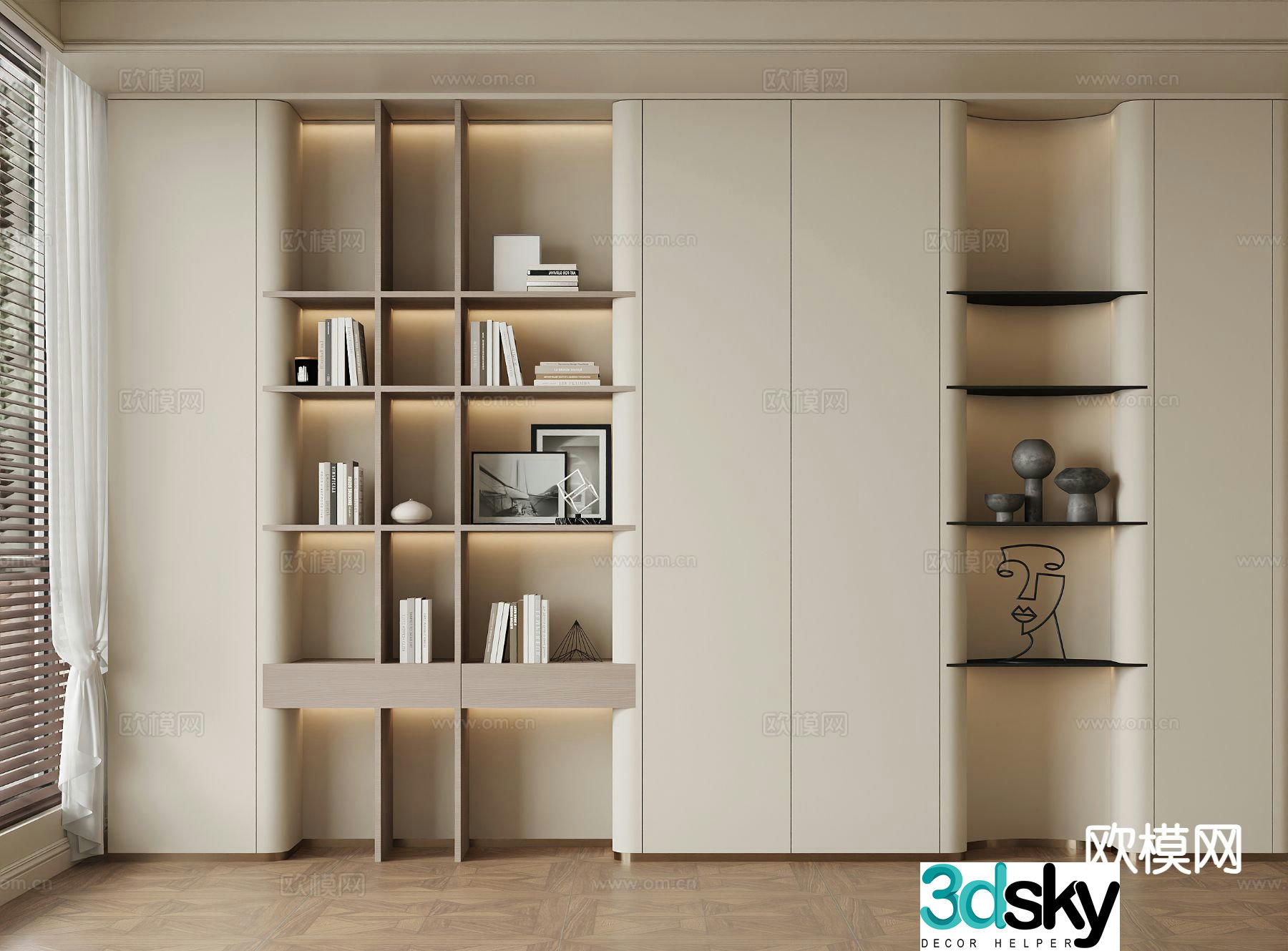 Cream style bookcase display cabinet 3d model