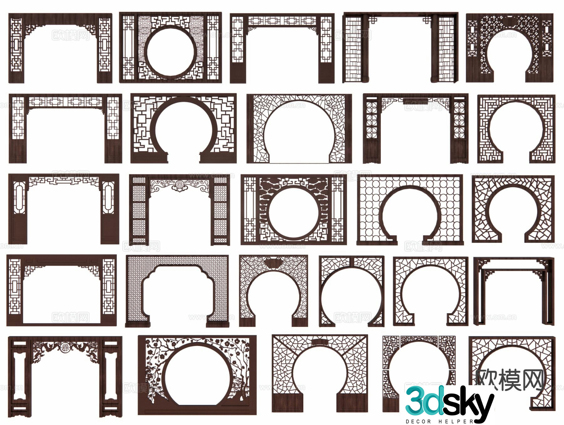 Chinese style landscape wall moon cave door partition arch wall 3D model