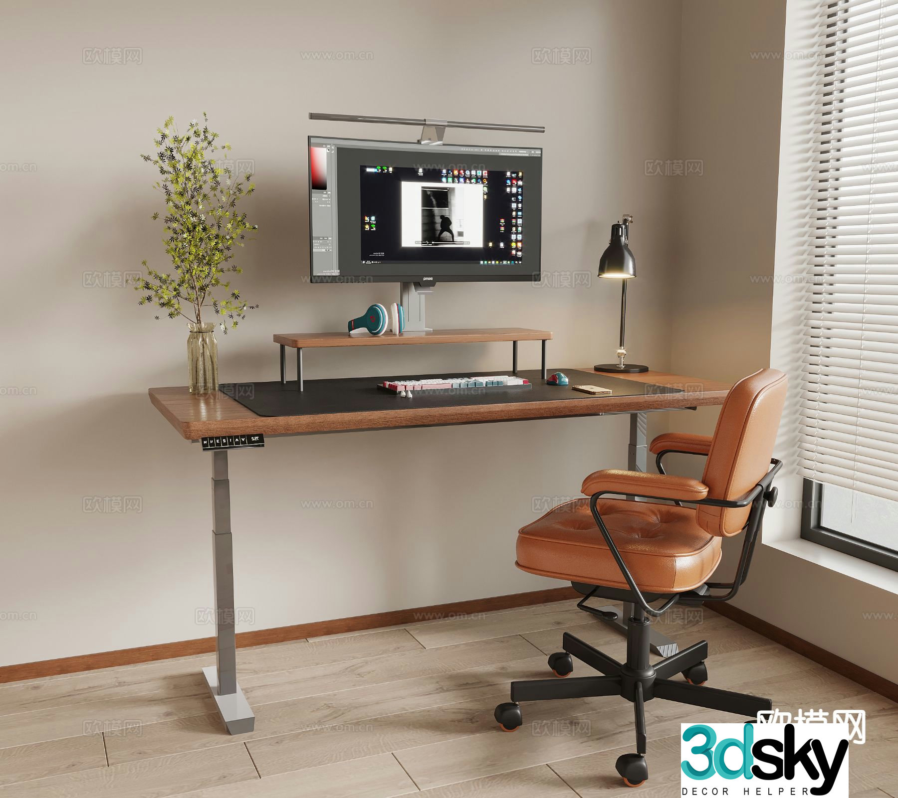 Middle style desk and chair computer chair 3d model