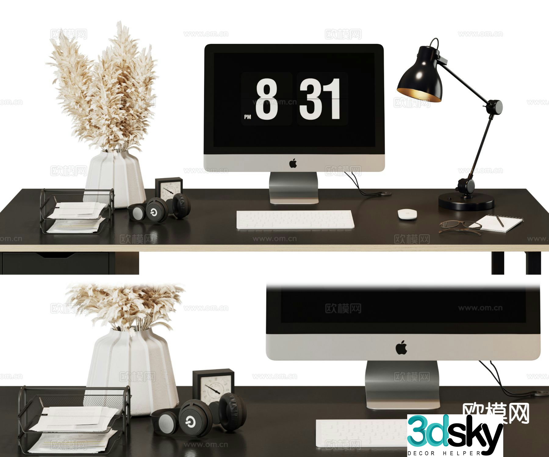 Modern office supplies computers desk lamps accessories 3D model