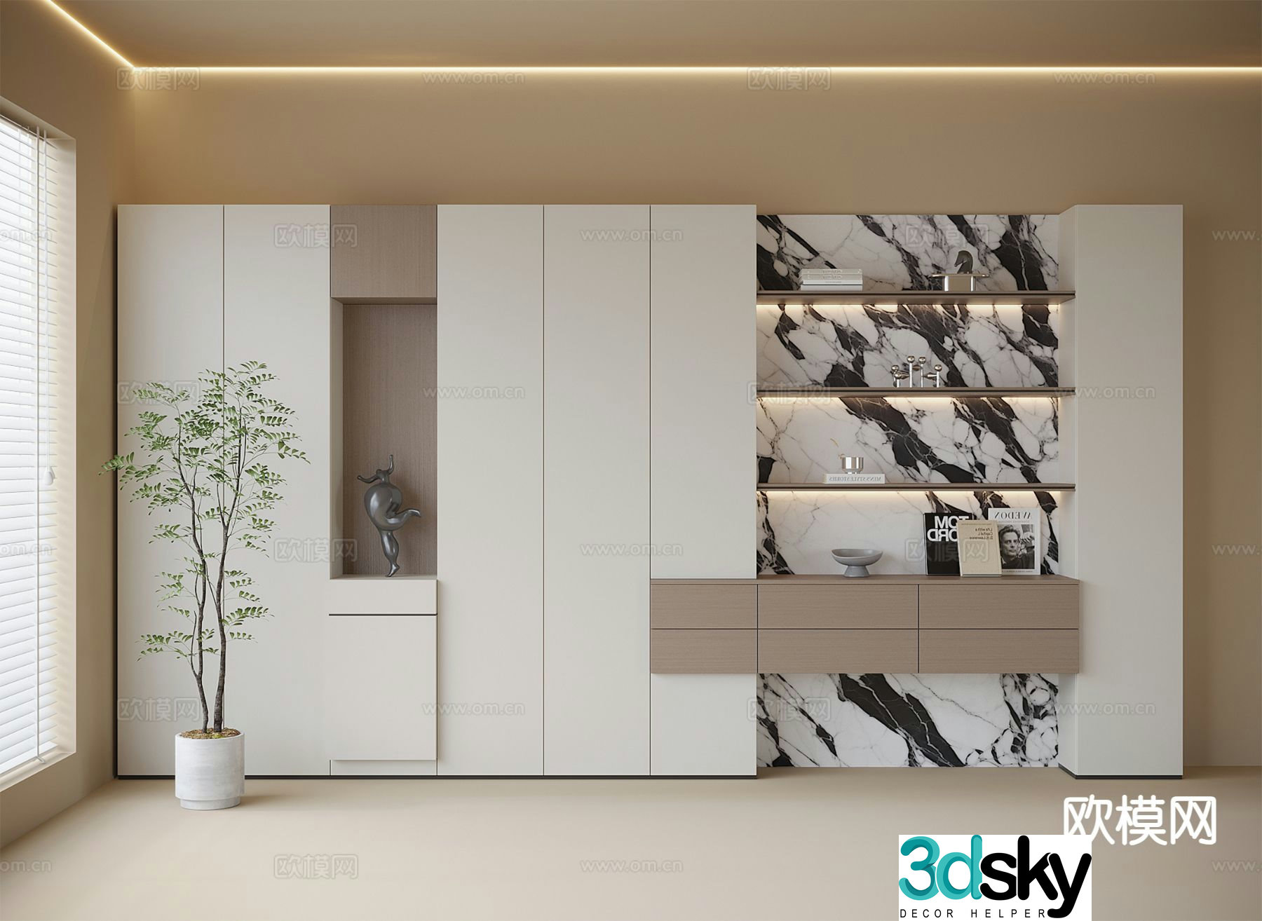 Modern wall-to-wall bookcase display cabinet 3D model