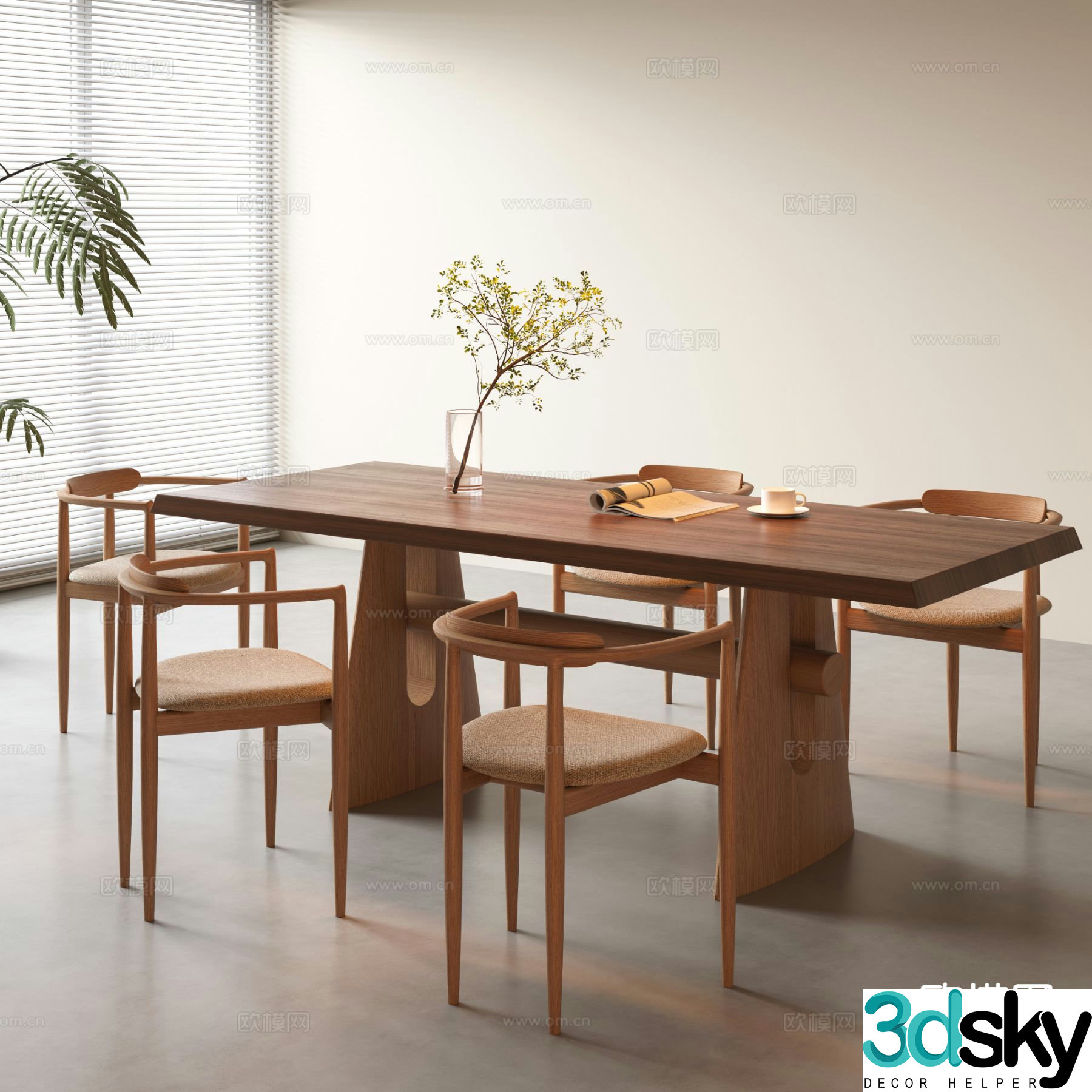 3D model of log style dining table and chairs