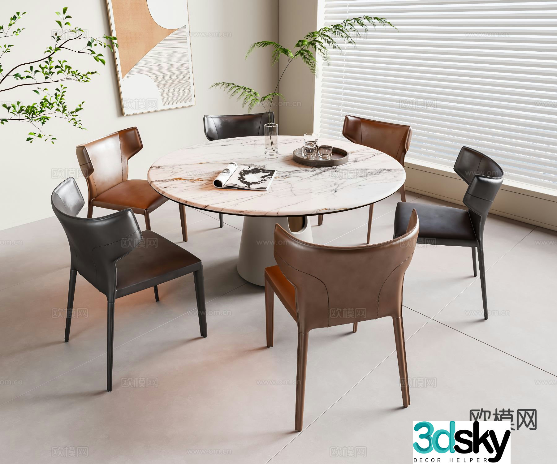 Modern round dining table and chairs 3d model