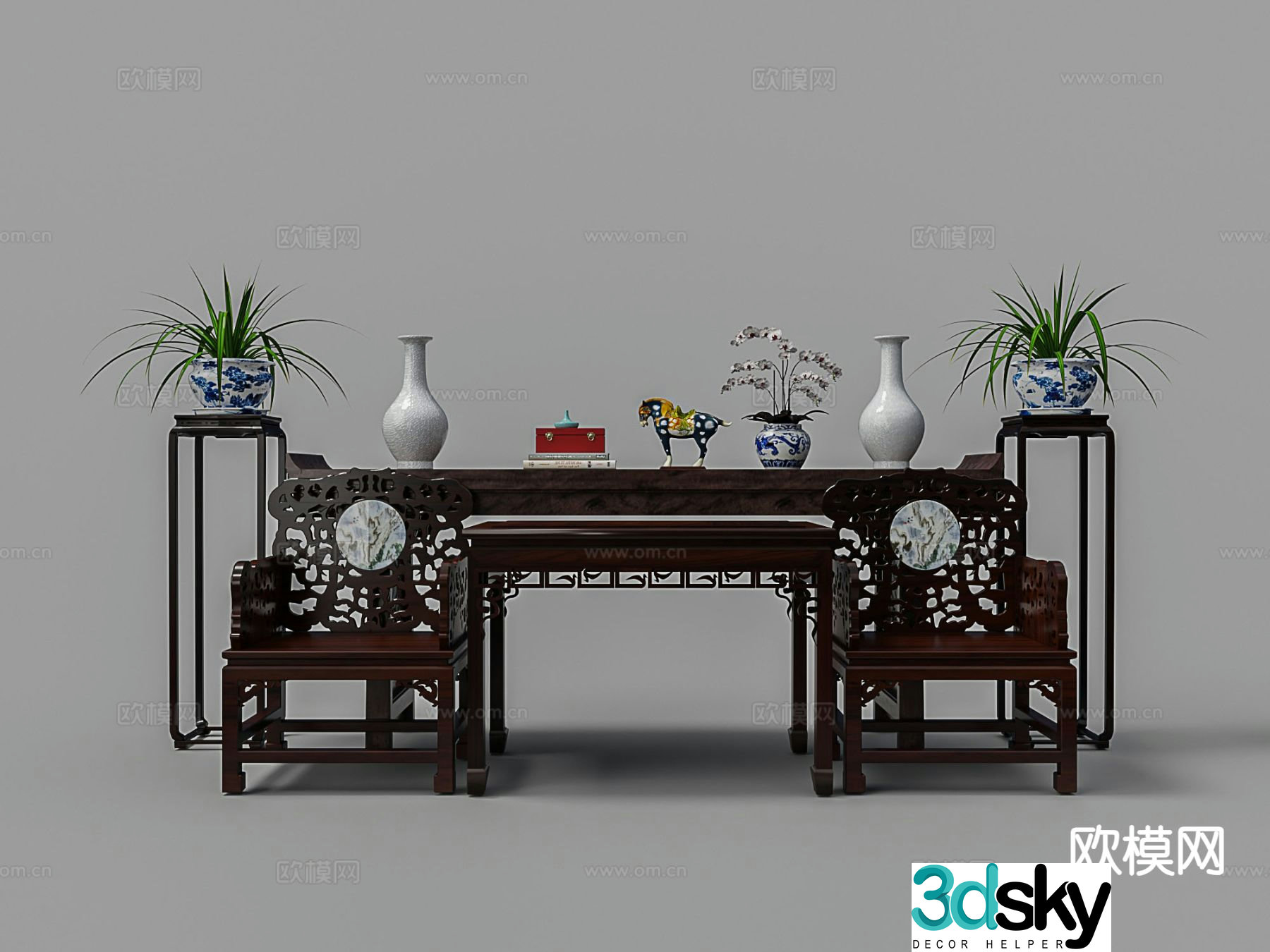 Chinese tea table and chairs mahogany tea chairs middle hall table and chairs 3D model