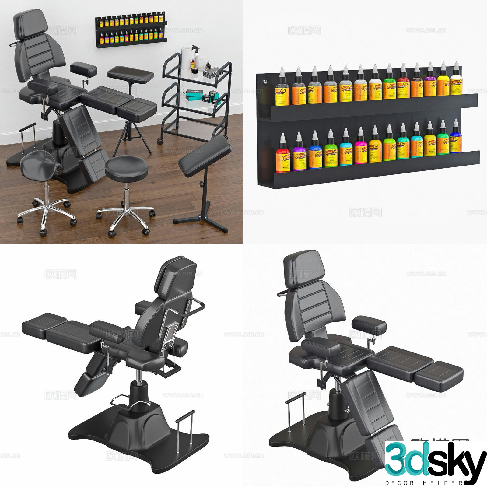 Barber equipment, hair cutting chair, hair dye, trolley 3D model