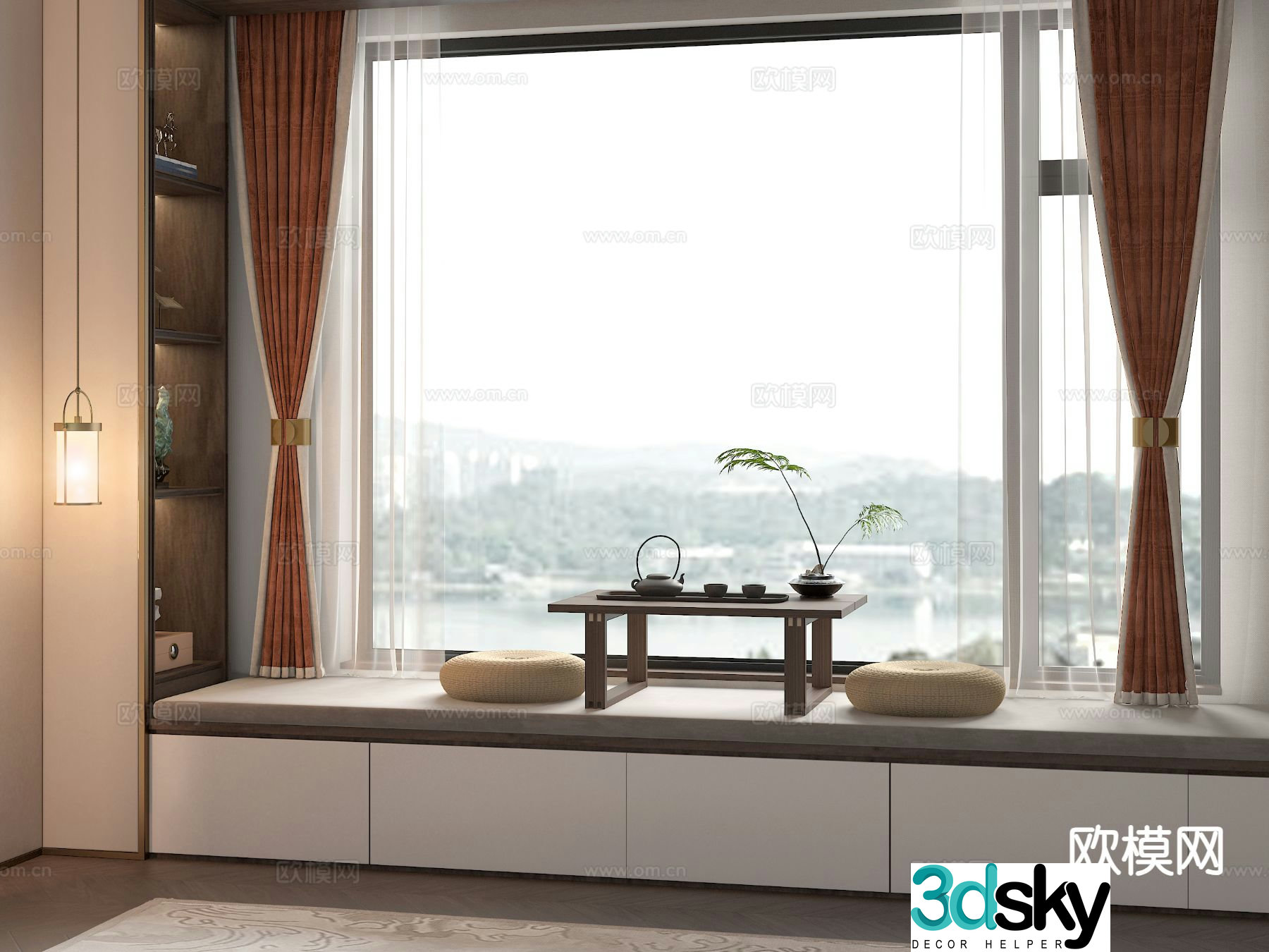 New Chinese style bay window sill bay window mat small tea table 3D model
