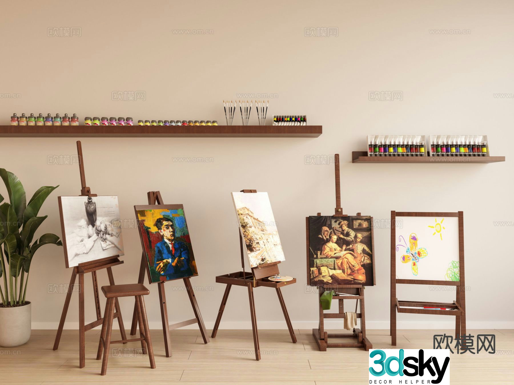 Painting tools easel paint brush drawing board stool 3d model