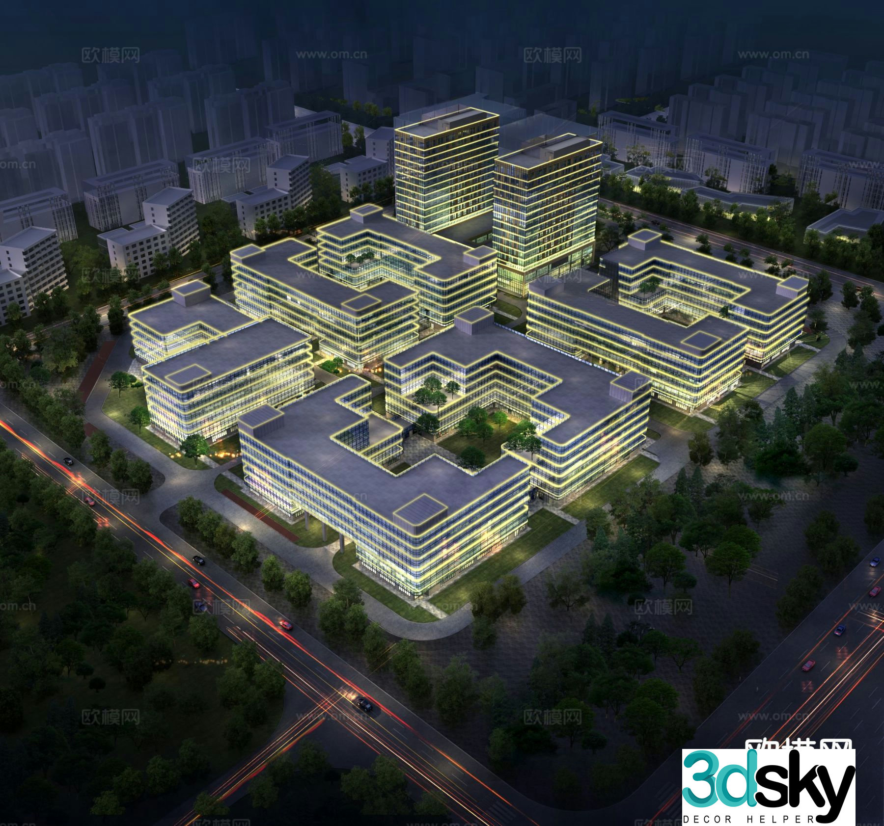 Aerial view of modern office building at night 3d model