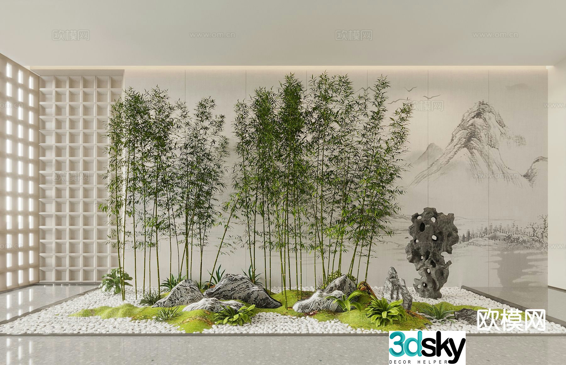 New Chinese style indoor landscape 3D model of indoor landscaping