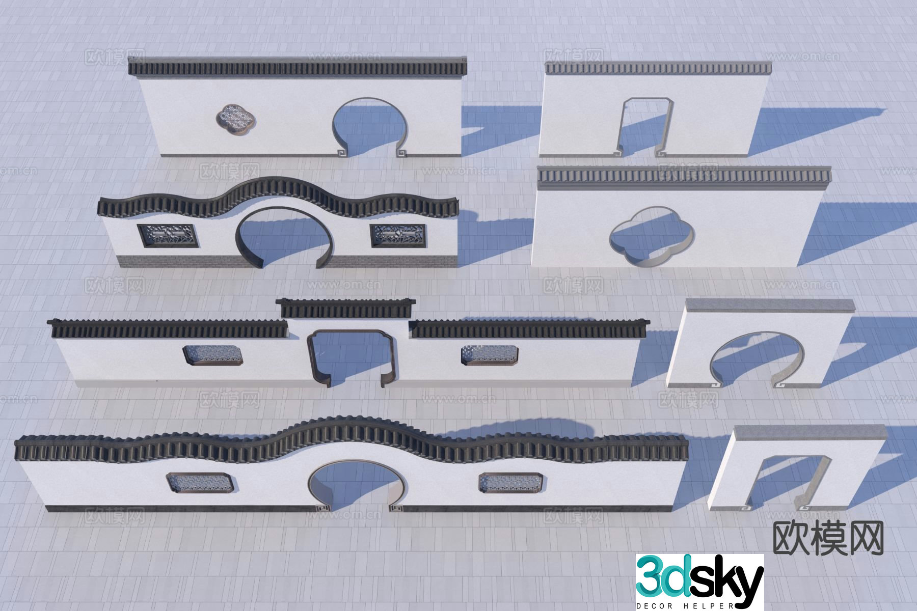 New Chinese style fence landscape wall door opening wall moon opening door round opening wall 3D model