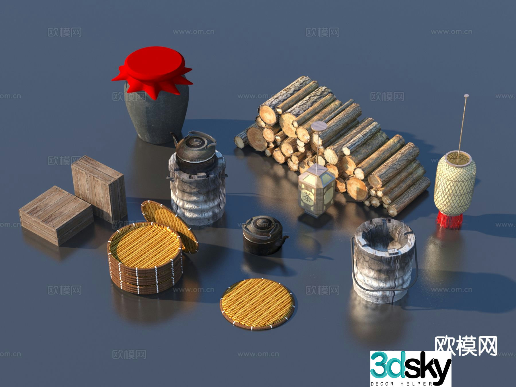 Wood charcoal stove kettle folk sketch 3d model