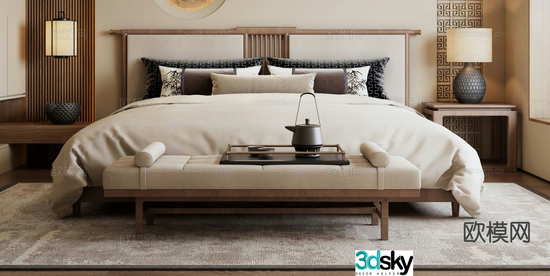 New Chinese style double bed 3d model