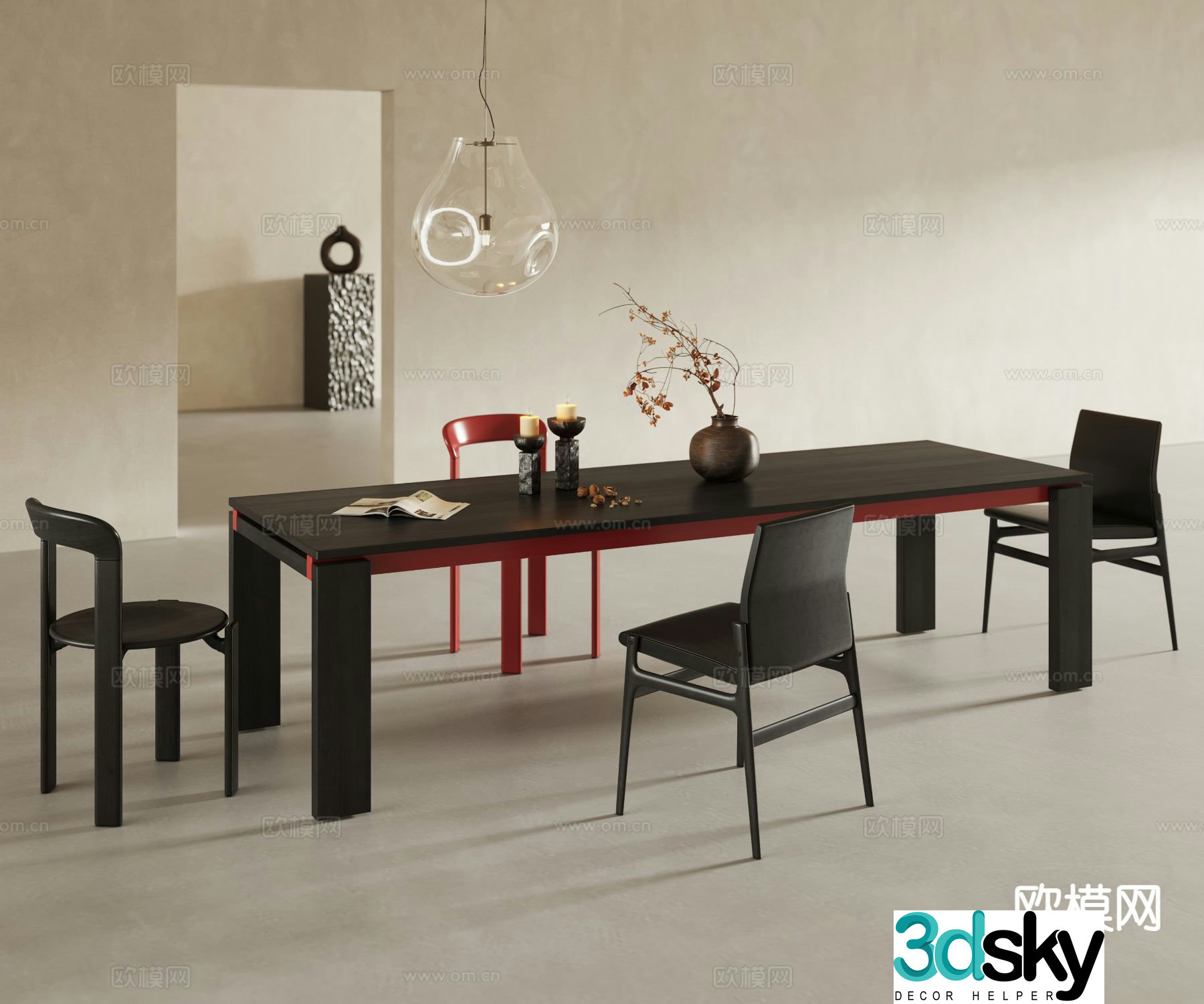 Medium style dining table and chair 3D model