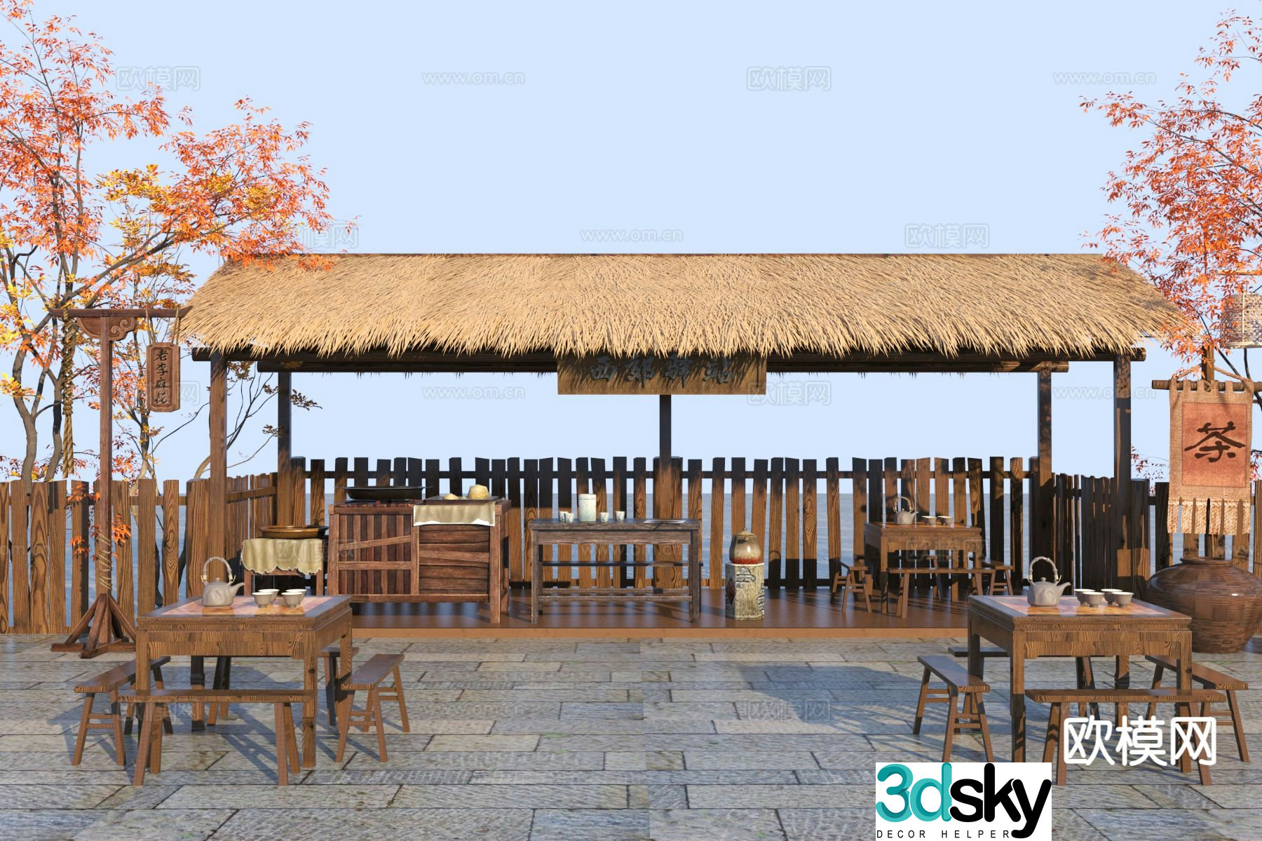 New Chinese style country garden rest station folk sketch 3d model